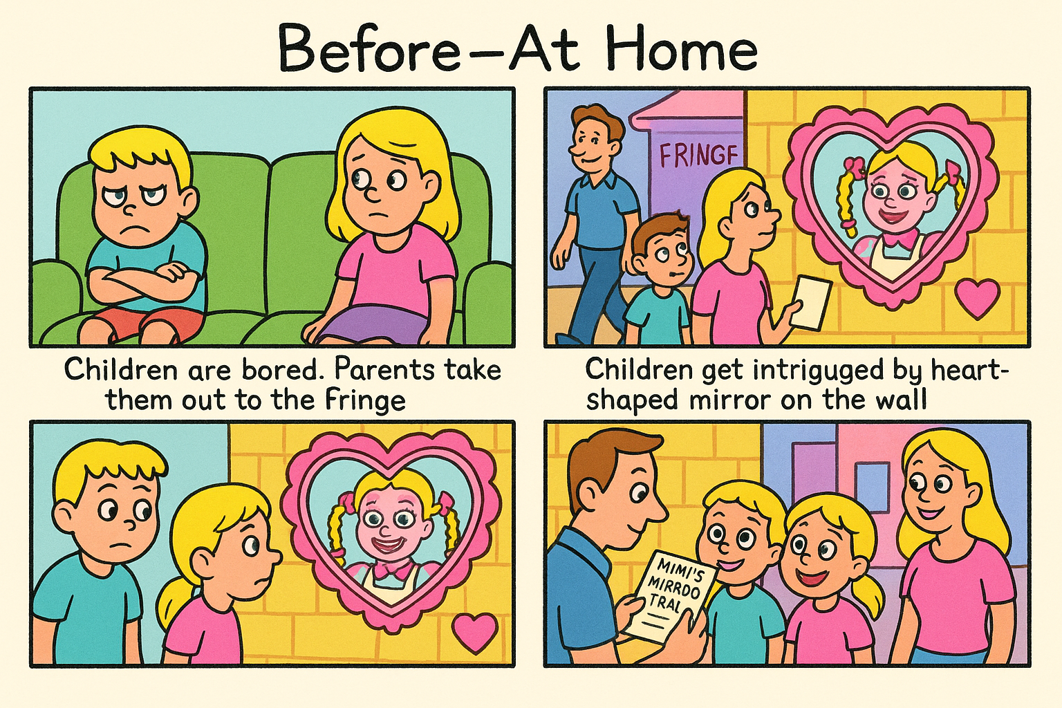 Comic strip titled 'Before—At Home' showing children and parents. First panel: kids bored on the couch, parents take them to the 'Fringe'. Second panel: children intrigued by a heart-shaped mirror on the wall. Third panel: children looking at the mirror with a girl's reflection. Fourth panel: parents discuss a mirror trial with their children.