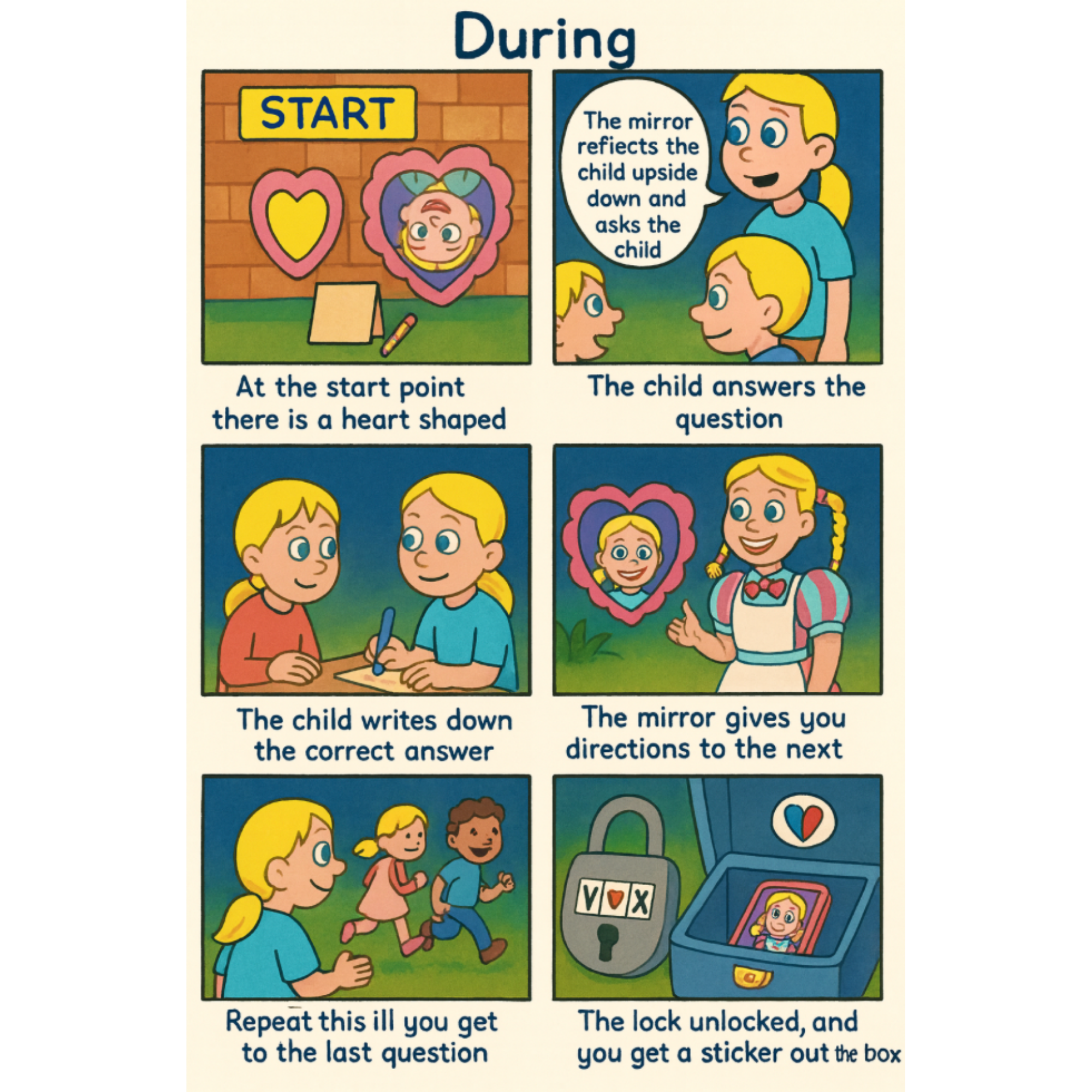 Step-by-step instructions for a child's game involving a mirror, writing answers, and unlocking a lock to get a sticker, illustrated with children, a lock, and a mirror.