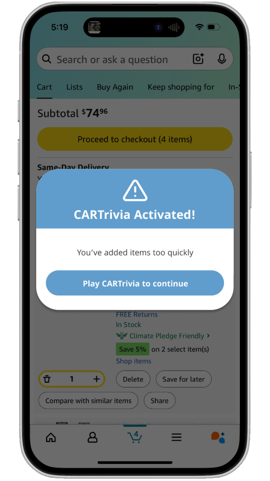 Mobile phone screen showing an online shopping cart with a popup notification that says 'CARTrvia Activated! You've added items too quickly. Play CARTrivia to continue'.