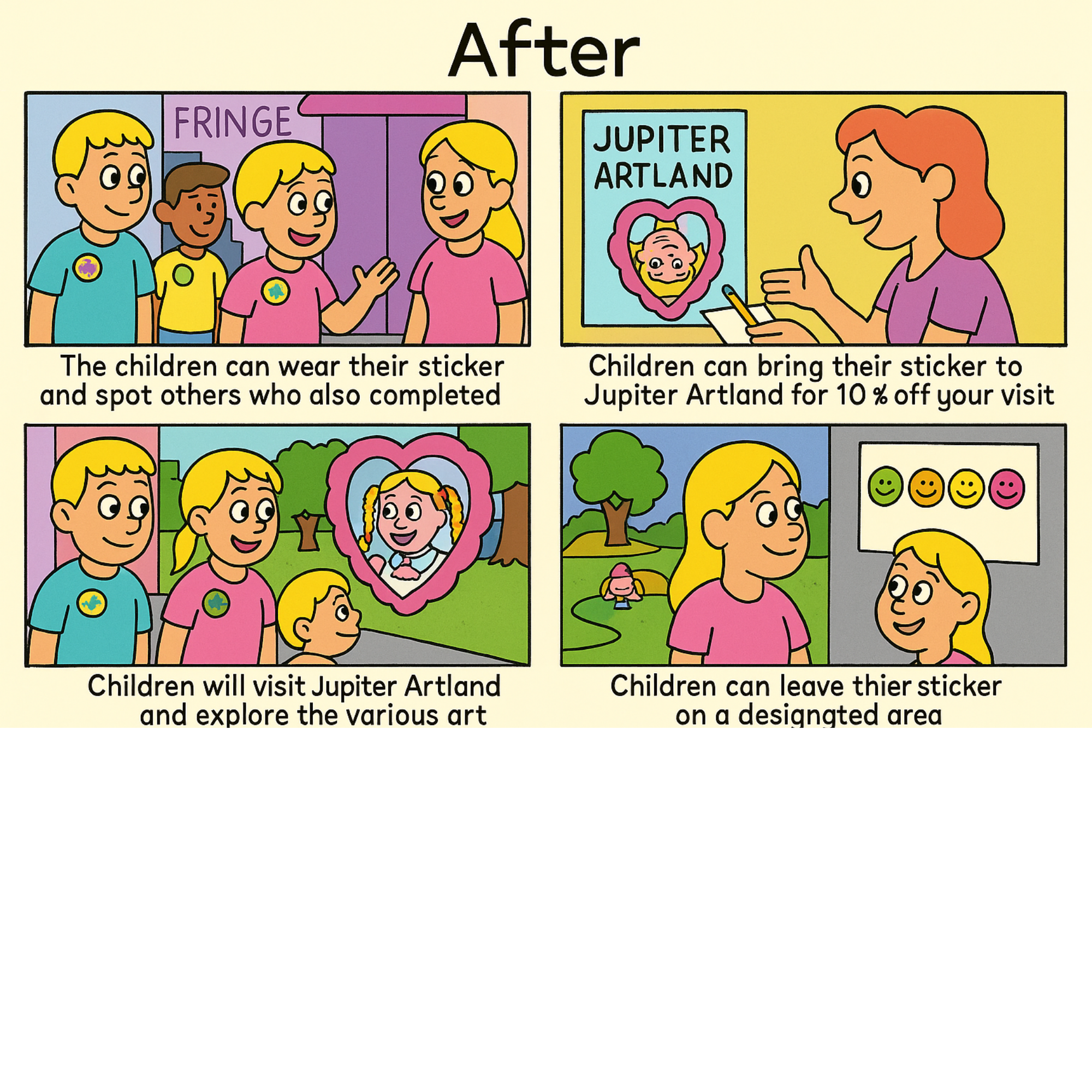 A comic-style illustration showing children wearing stickers or badges at Jupiter Artland, a Scottish sculpture park. The children are smiling and exploring various art installations, with a background of trees and outdoor scenery.