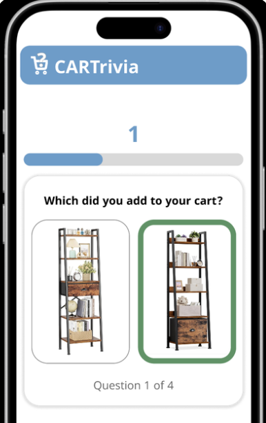 Close-up of a smartphone screen displaying a shopping app called CARTtrivia, asking which of two bookshelf images was added to the cart, with the second bookshelf highlighted in green.