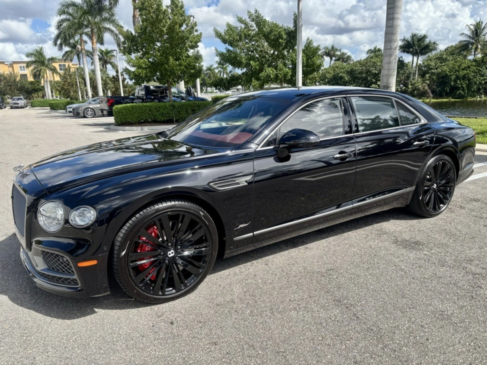 A black luxury sedan parked in a lot with palm trees and a water body in the background.