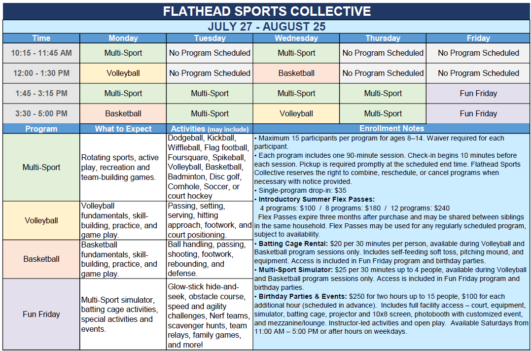 Schedule table for Flathead Sports Collective from July 27 to August 25, listing daily activities and programs, including Multi-Sport, Volleyball, Basketball, and Fun Friday events.