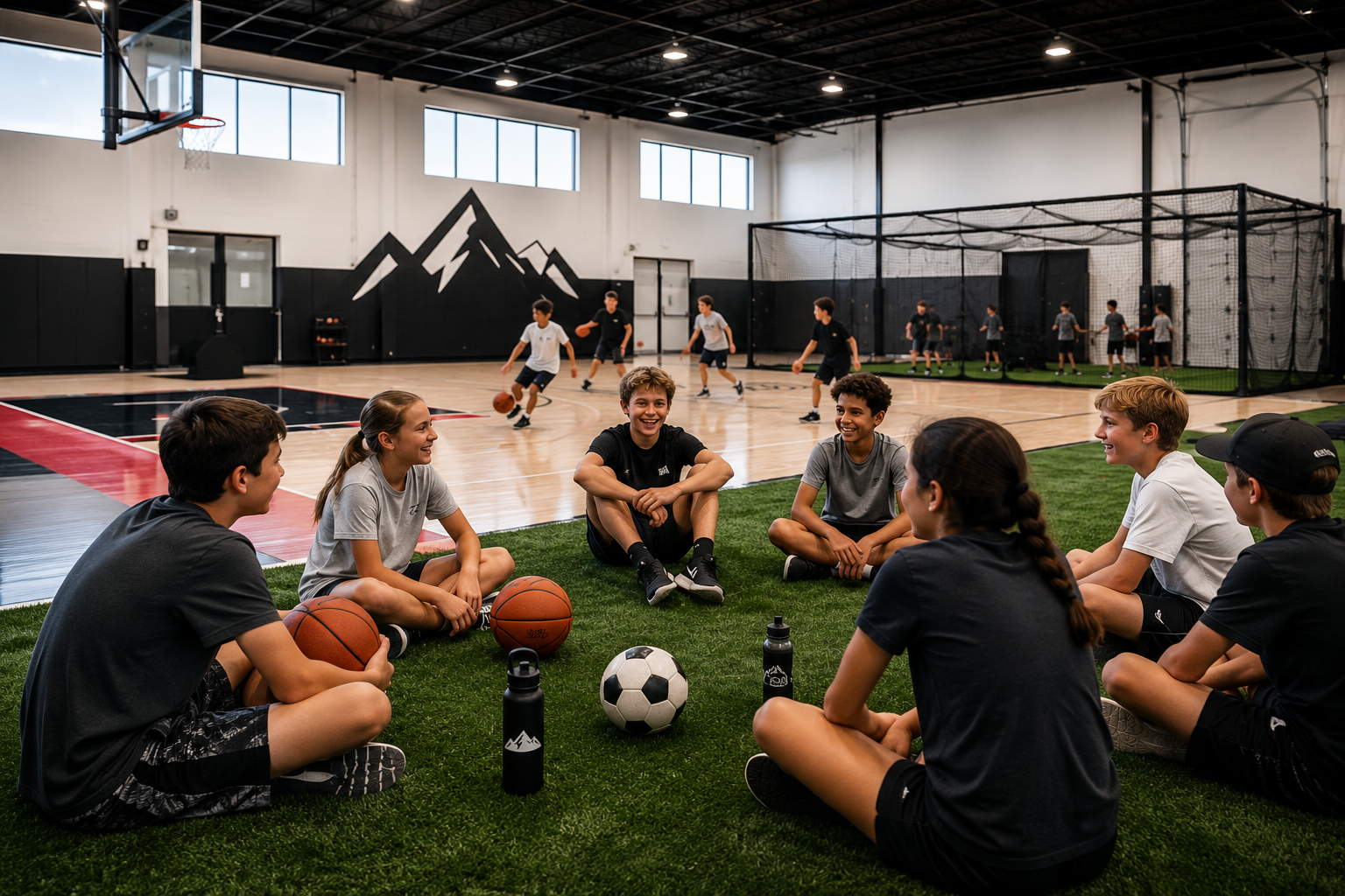 Gym, friends, with basketballs and a soccer, volleyball, batting cage, while other children practice basketball and play inside a gymnasium in the background.