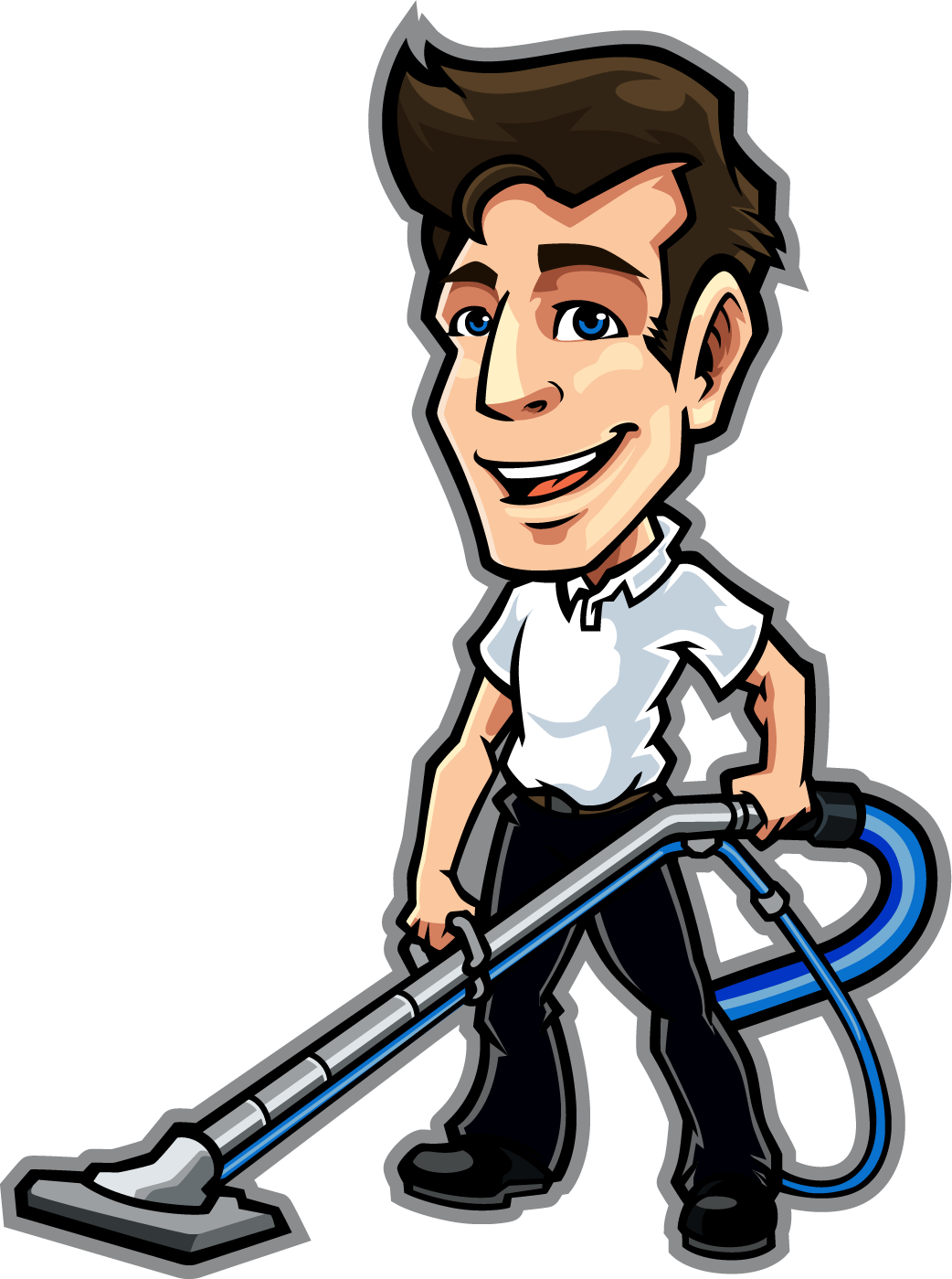Cartoon man in white shirt holding a steam cleaning wand.