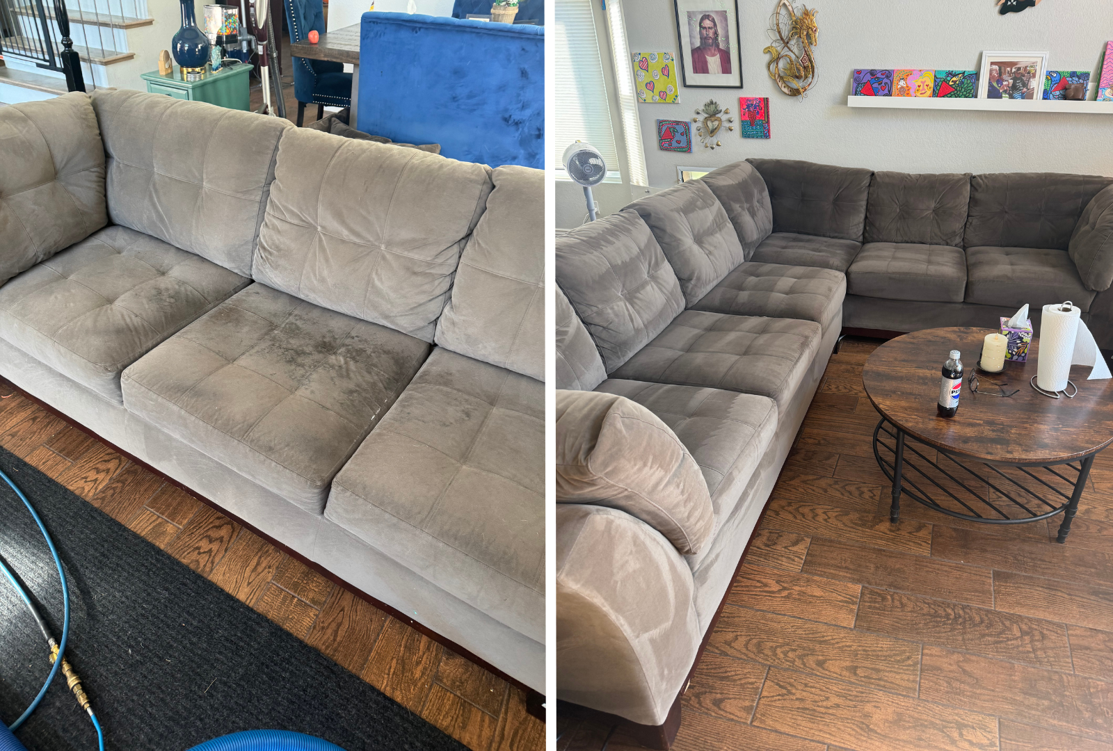 Comparison of two sofas, before and after cleaning. The left sofa is visibly dirty and stained, while the right sofa appears clean and maintained.