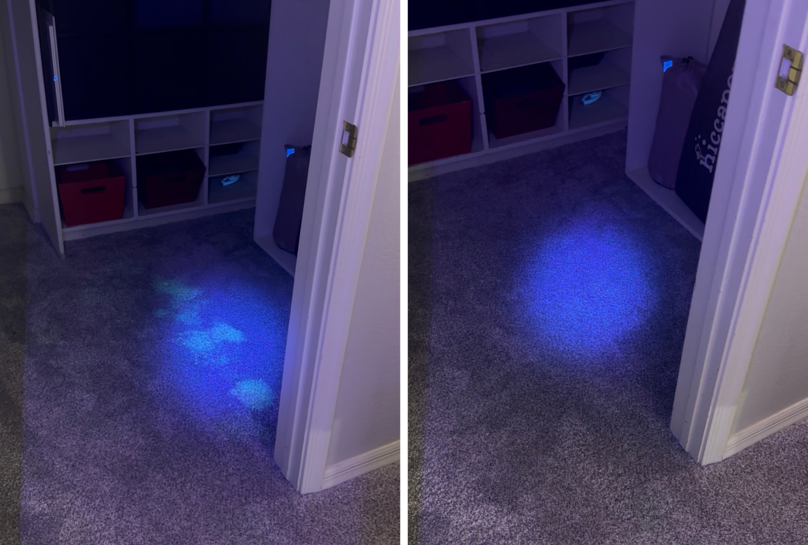 Comparison of a carpeted room a blue ultraviolet light illuminating a spot on the floor that is removed in the second picture.