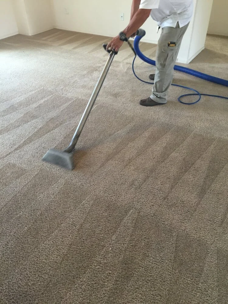 Person cleaning carpet with a commercial carpet extractor in a residential room.