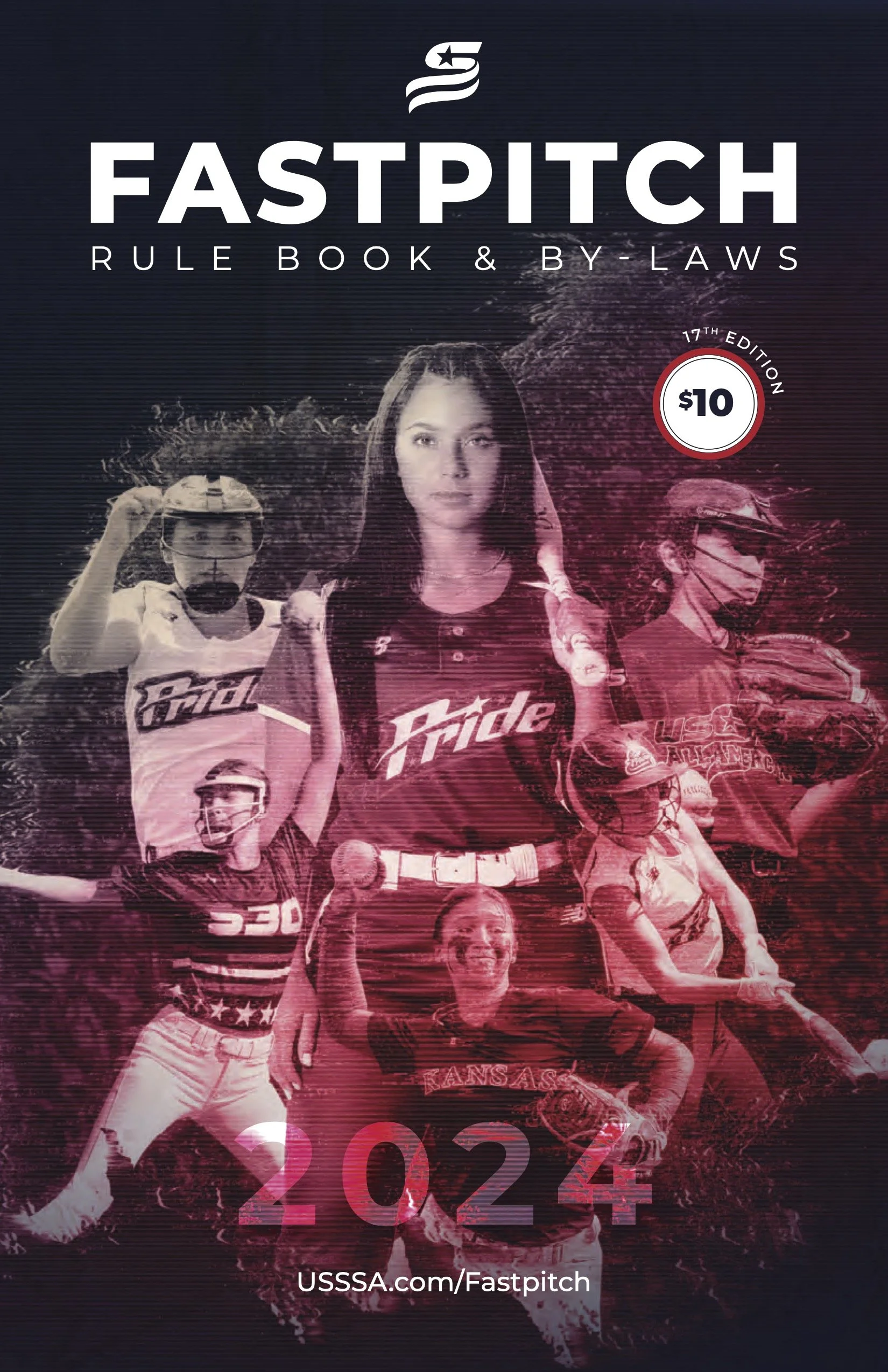 Book cover titled "Fastpitch Rule Book & By-Laws" featuring female and male softball players in action, with a large central female player, and a price of $10 in a red circle, and the year 2024 at the bottom.