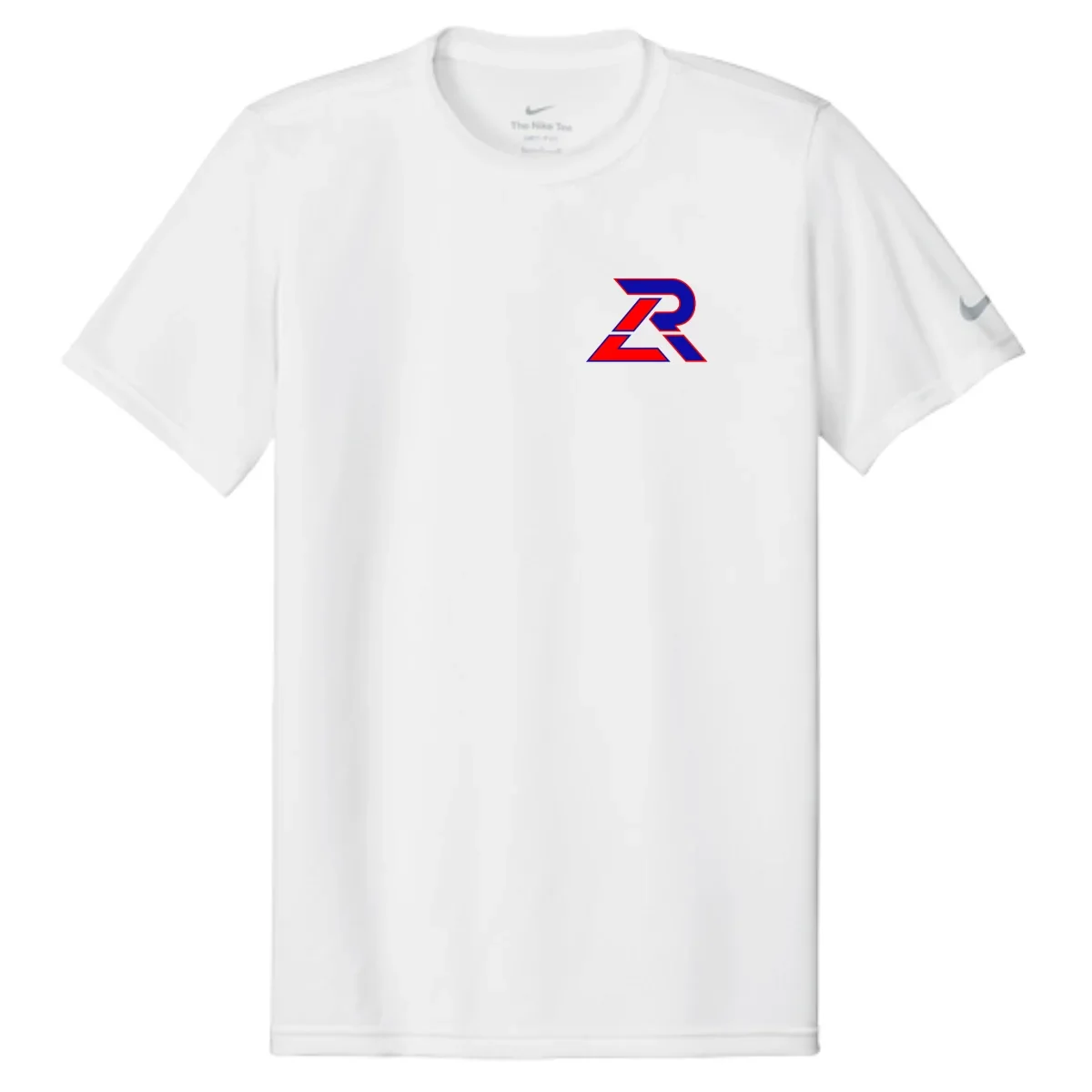 White Nike T-shirt with a red, blue, and white logo on the front left chest and a small Nike swoosh on the left sleeve.