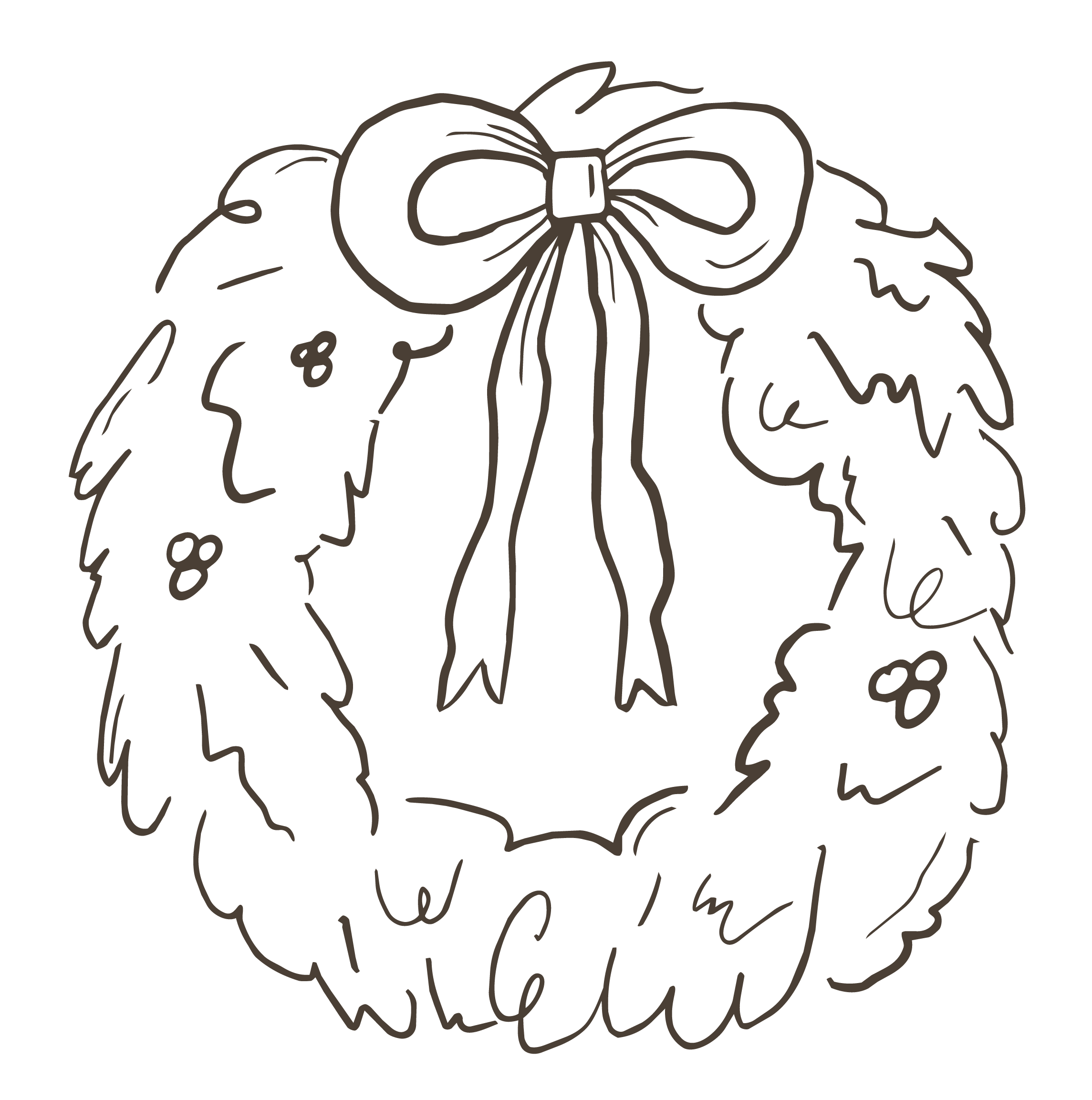 Outline drawing of a Christmas wreath with holly berries and a bow at the top.