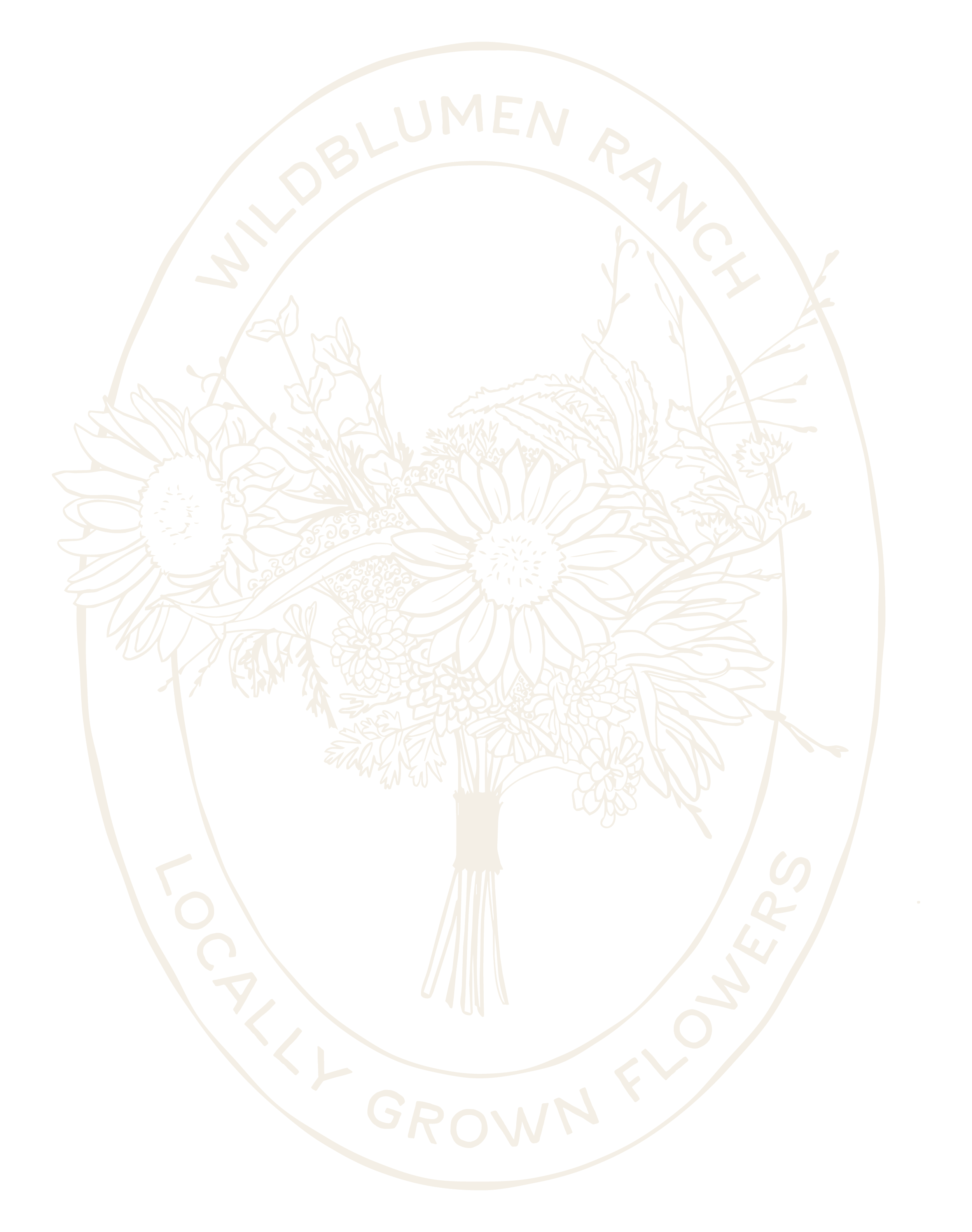 Outline of a logo featuring a bouquet of flowers with text that reads 'Wildblumen Ranch' and 'Locally Grown Flowers' surrounding the bouquet.