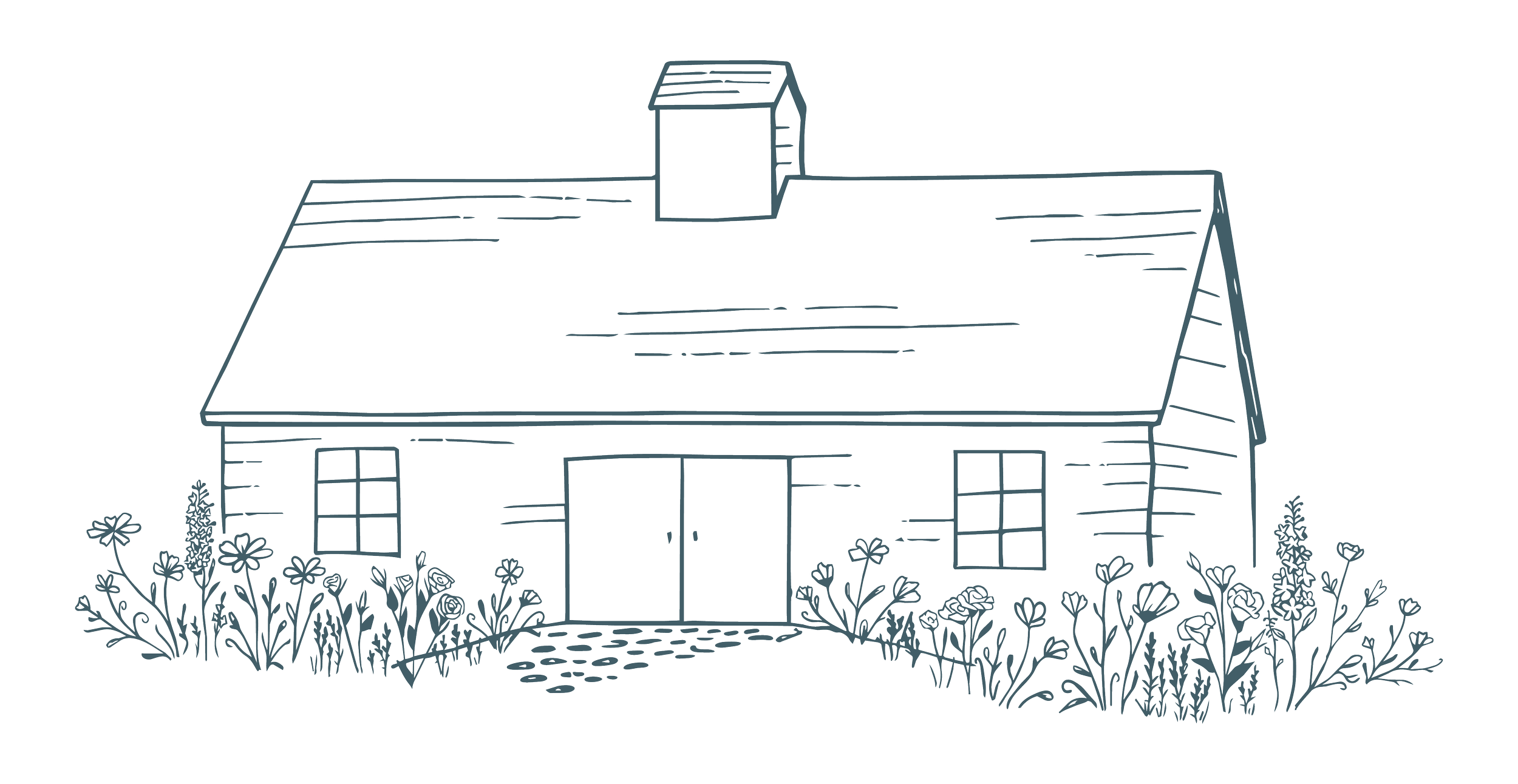 Line drawing of a house with a front door, two windows, a sloped roof, a chimney, and a garden with flowers in front.