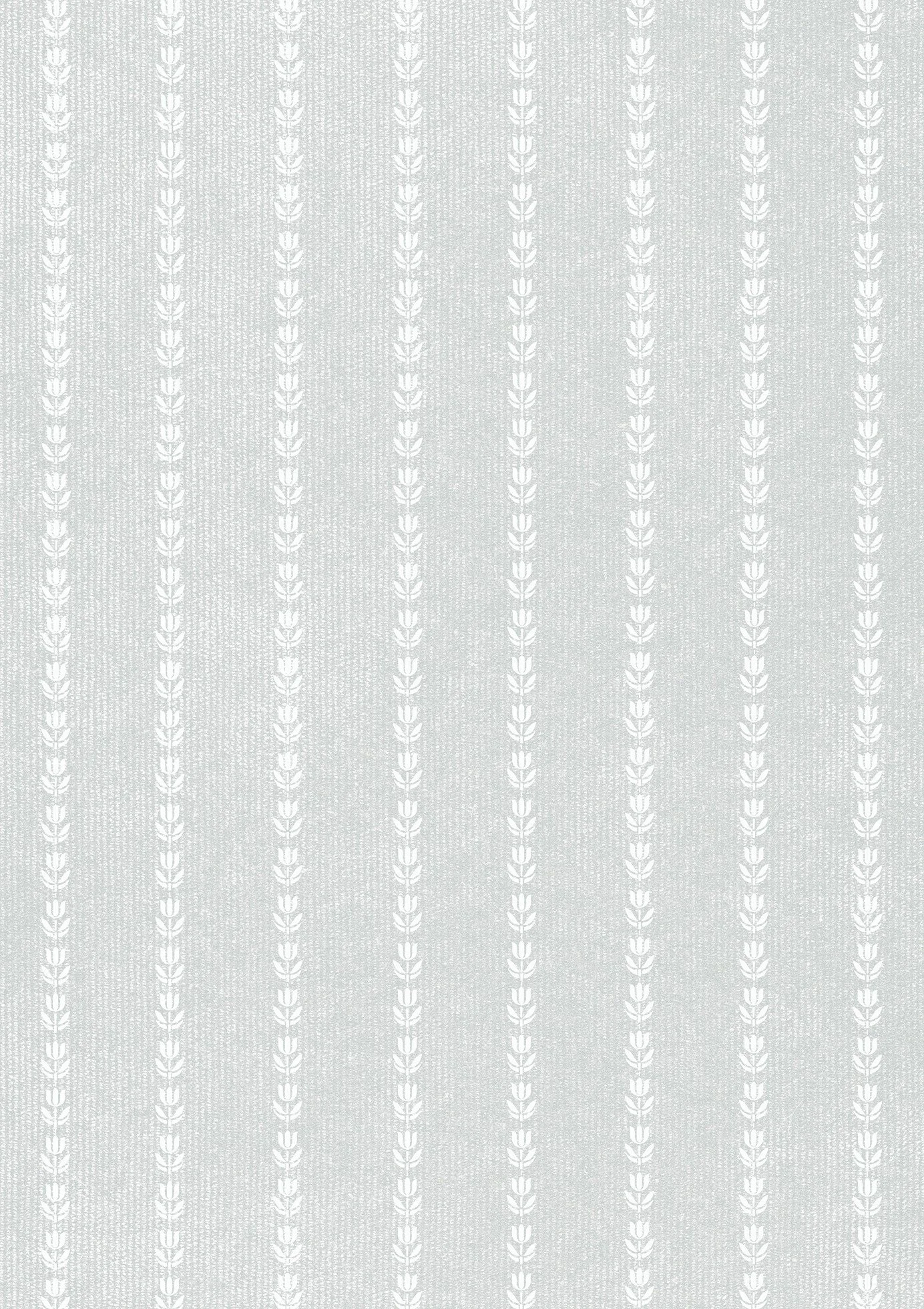 A textured light gray wallpaper with a vertical pattern of white floral or leaf motifs in columns.