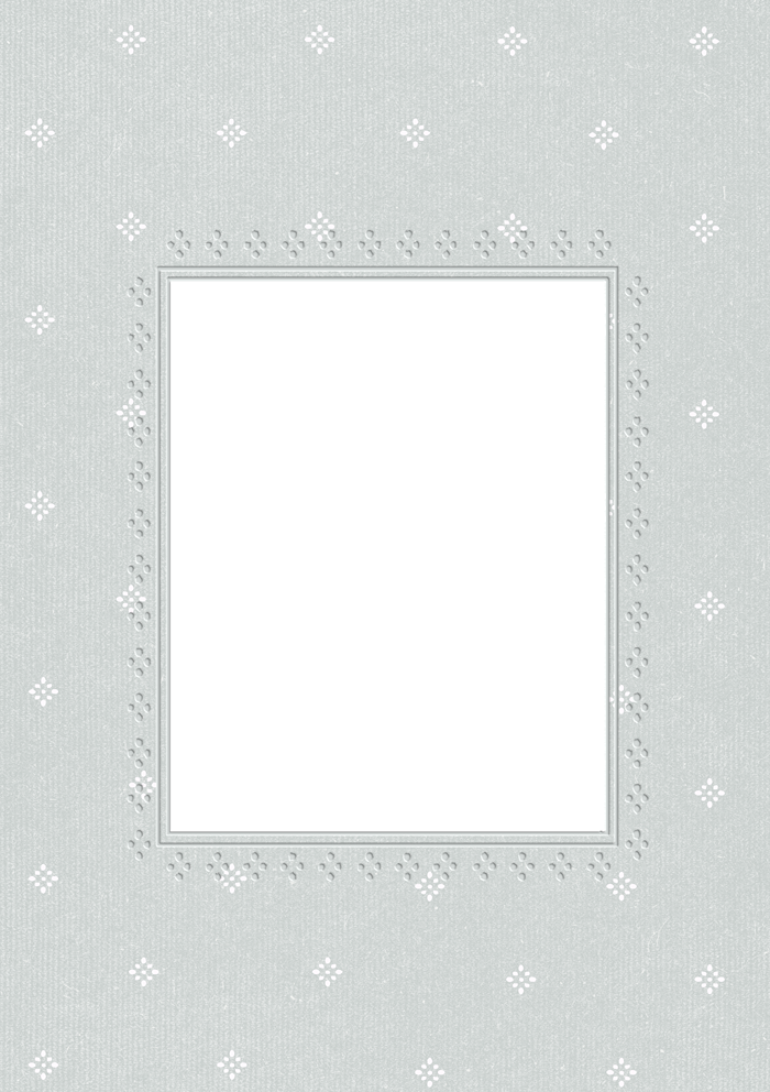 A silver picture frame with decorative floral and dot patterns around the border.