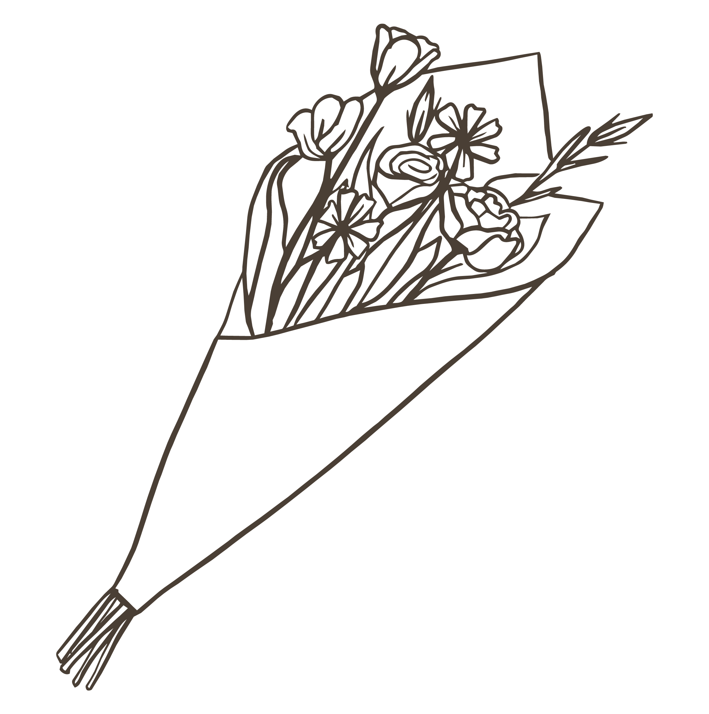 Outline drawing of a bouquet of flowers wrapped in paper.