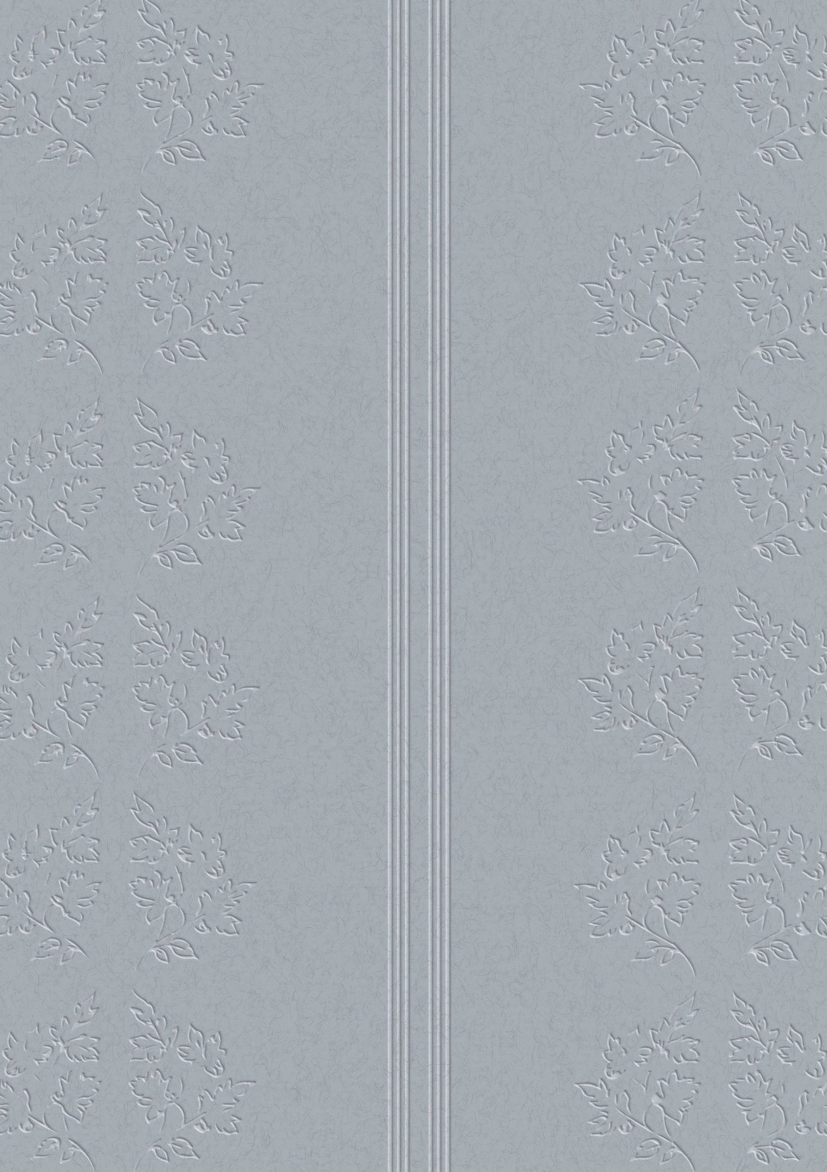 Decorative grey wallpaper with a floral pattern and vertical triple raised lines in the center.