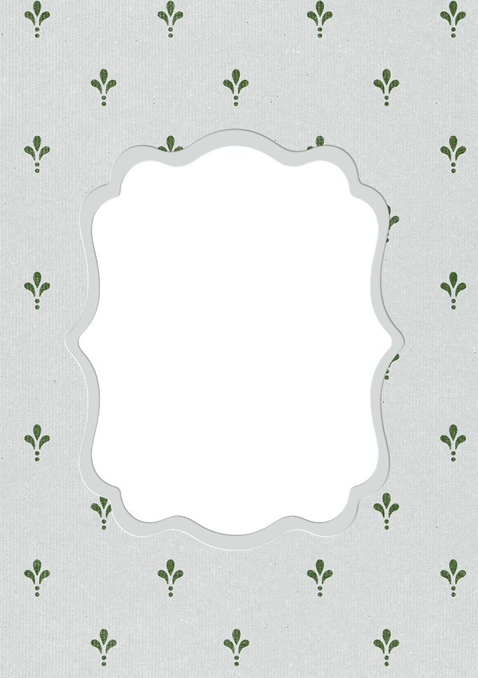 A decorative frame on a patterned background with small green plant motifs.