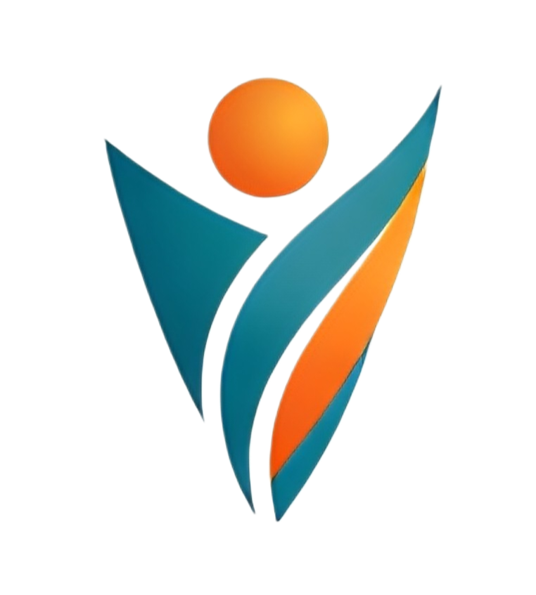 Abstract logo with a stylized person made of blue and orange shapes and an orange circle representing the head.