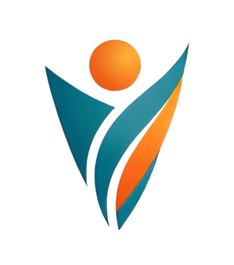A logo consisting of a stylized human figure with an orange circle for a head, and two blue and orange curved shapes resembling arms raised in celebration.