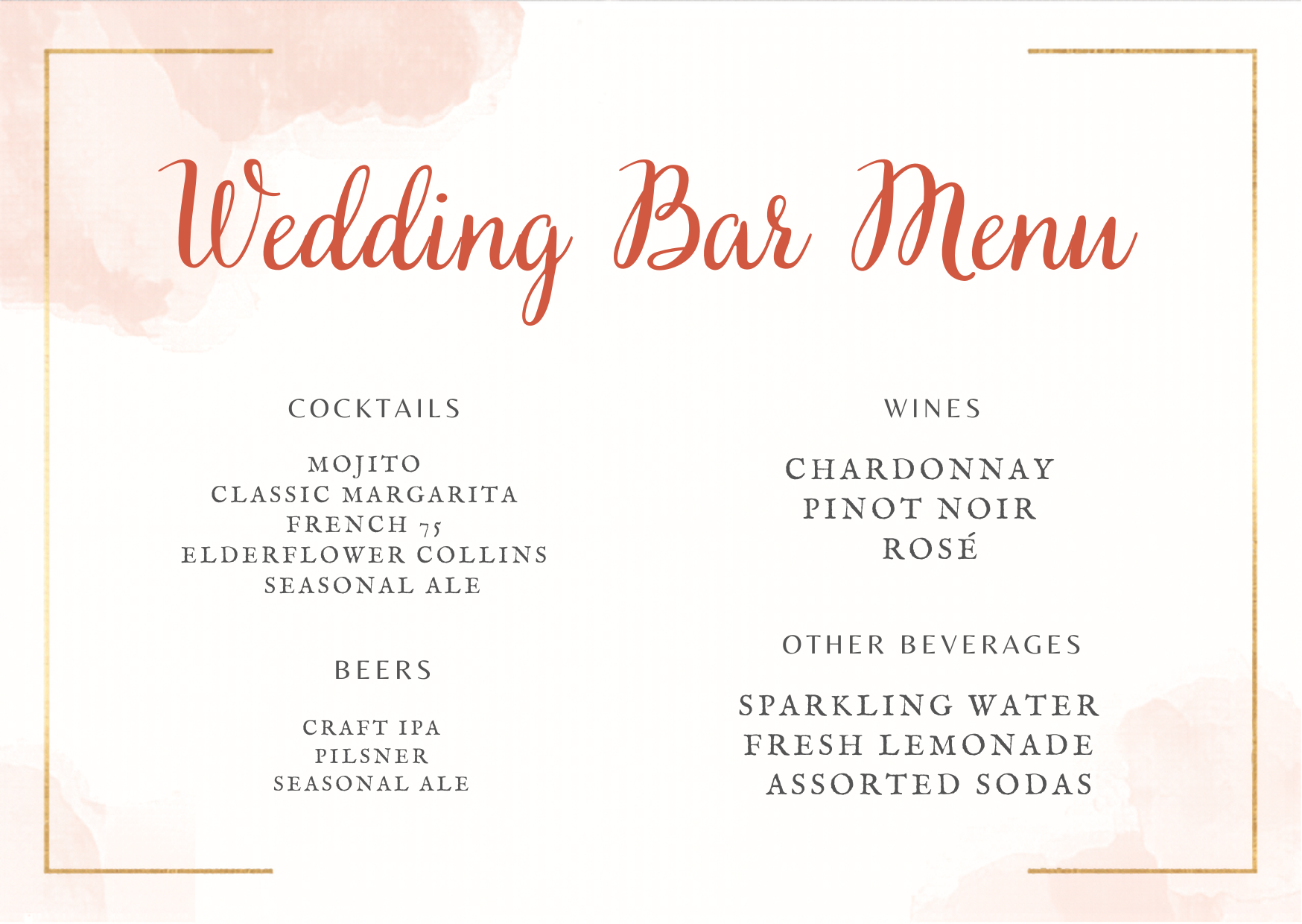 Blush Bridal Bar Menu with Customizable Link