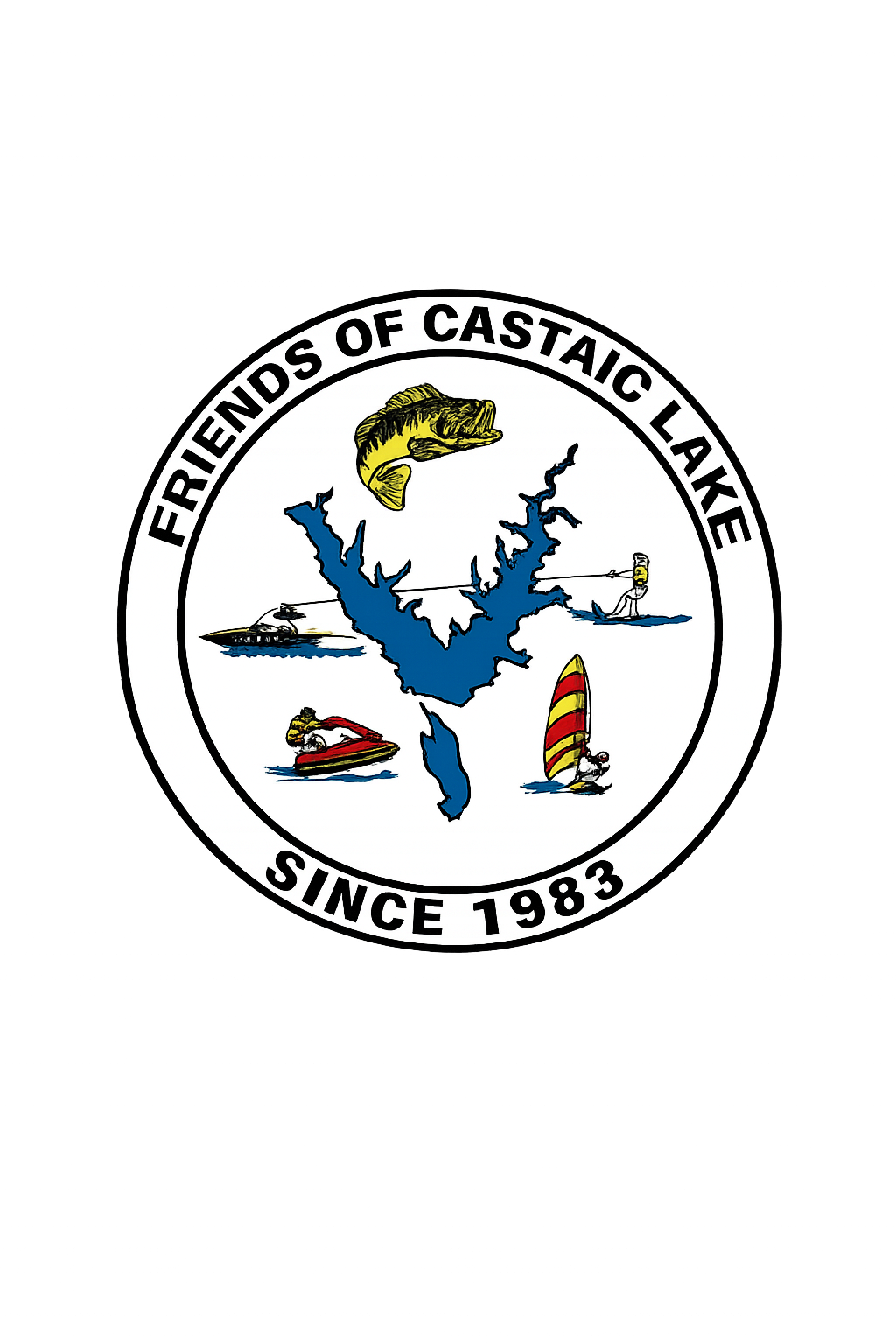 A circular emblem with the text "Friends of Castaic Lake Since 1983" encircling a stylized blue lake. Inside, there are illustrations of a fish, a boat, a person fishing, a jet ski, and a person windsurfing, all related to recreational activities at Castaic Lake.