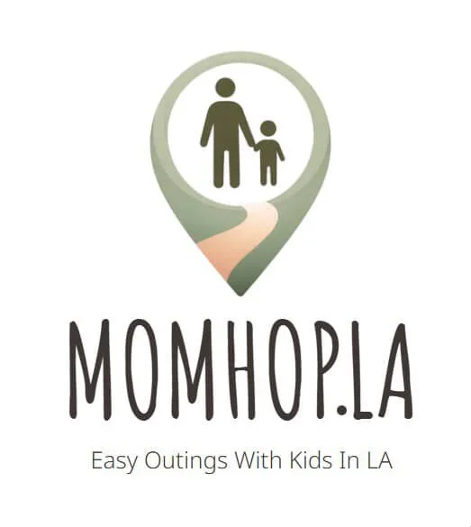 Logo with a map marker icon featuring a large adult and small child silhouette inside, and the text 'MOMHOP.LA' with the tagline 'Easy Outings With Kids In LA' below.