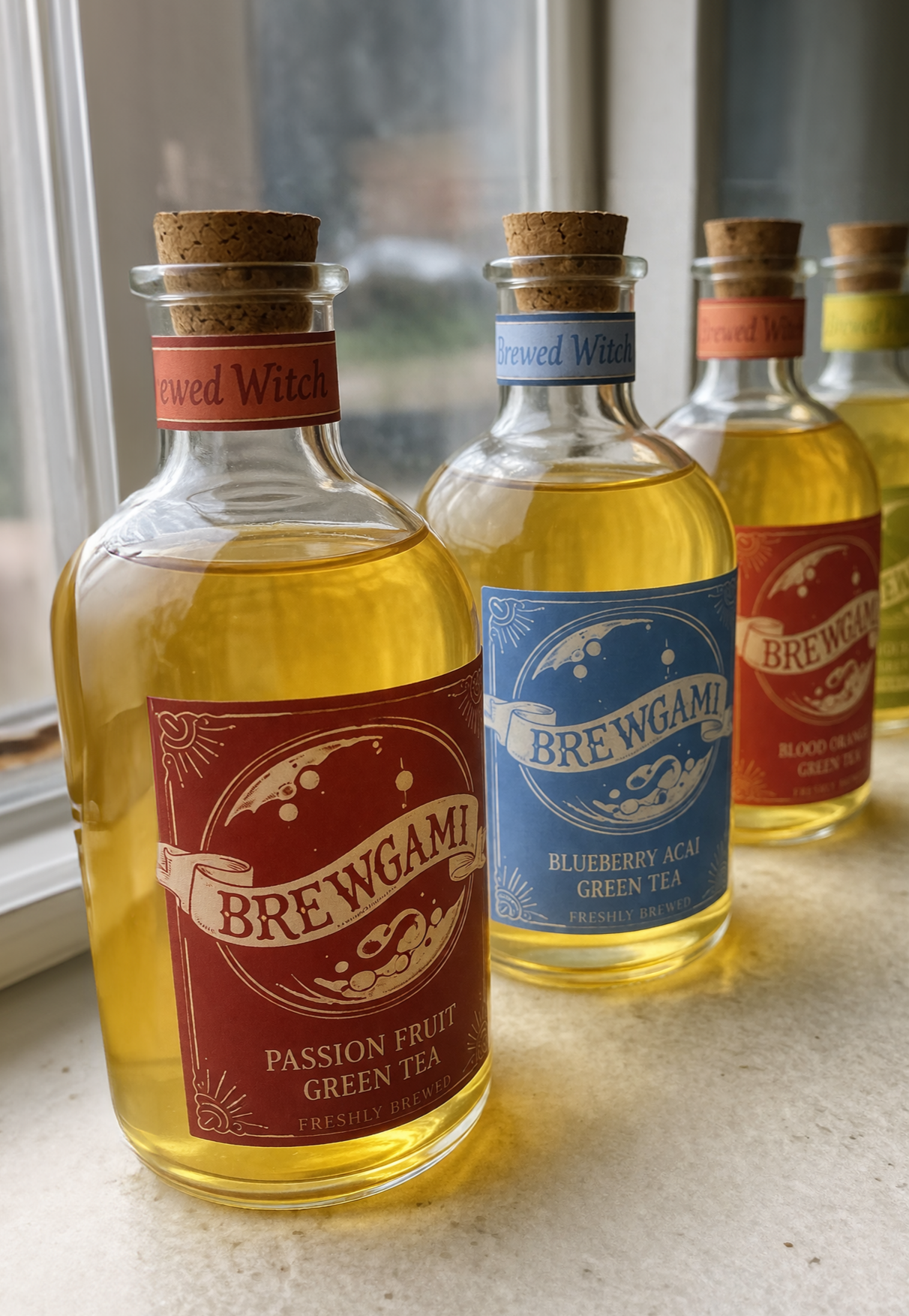 four bottles on a windowsill