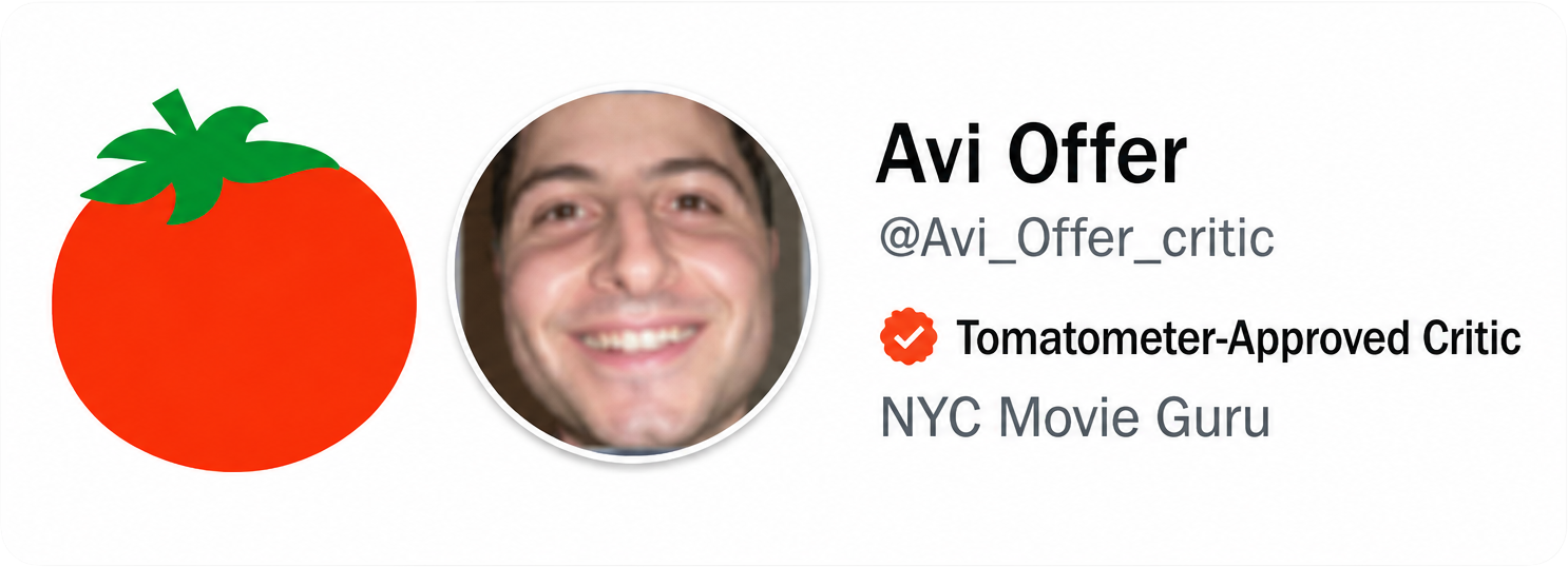 Twitter profile header showing a red tomato icon, a smiling man’s profile picture, and the text 'Avi Offer @Avi_Offer_critic, Tomatometer-Approved Critic, NYC Movie Guru'.