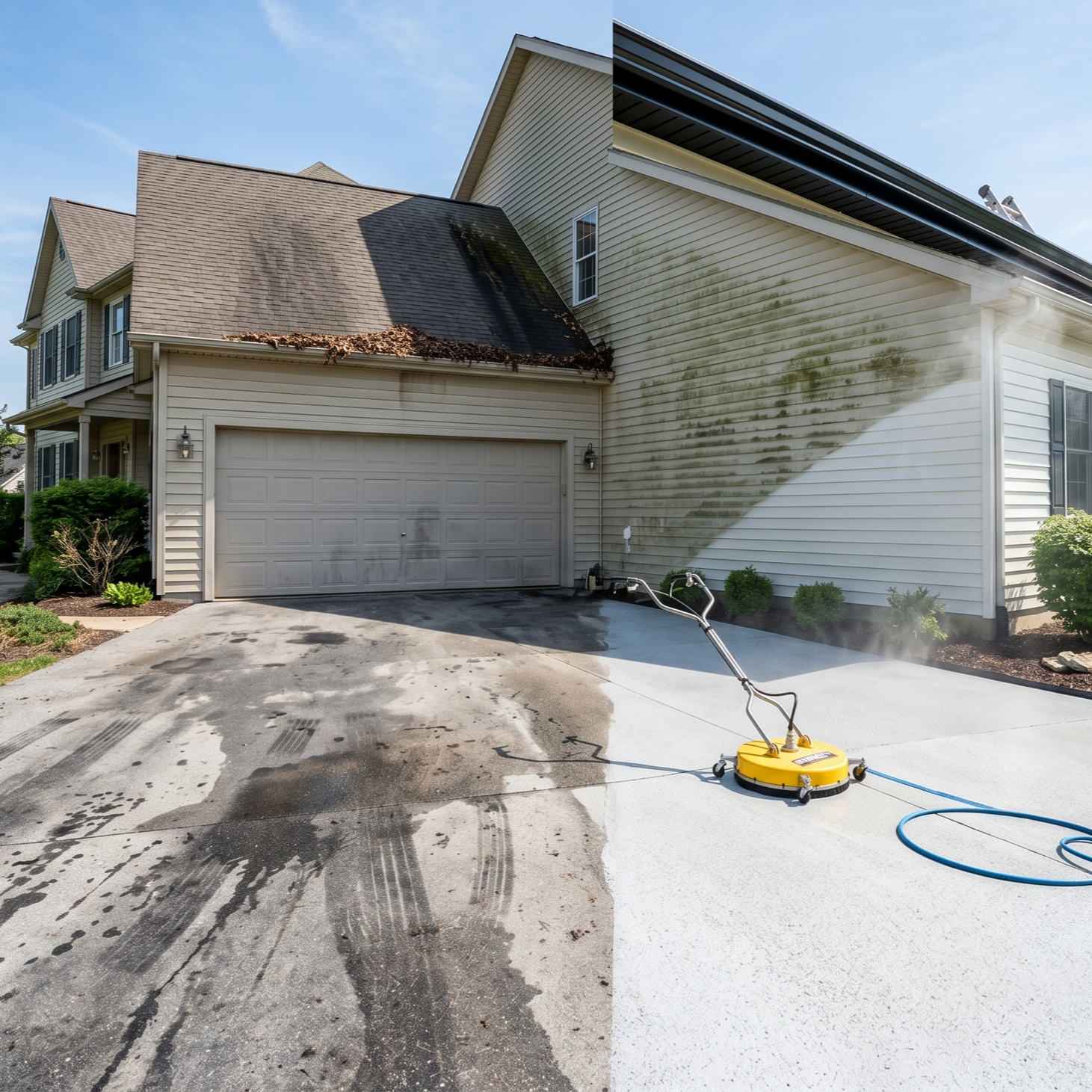 pressure washer cleaning house driveway and gutters