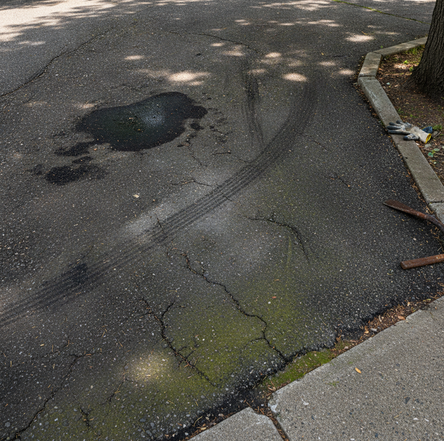 residential concrete driveway cracked and stained with tire marks