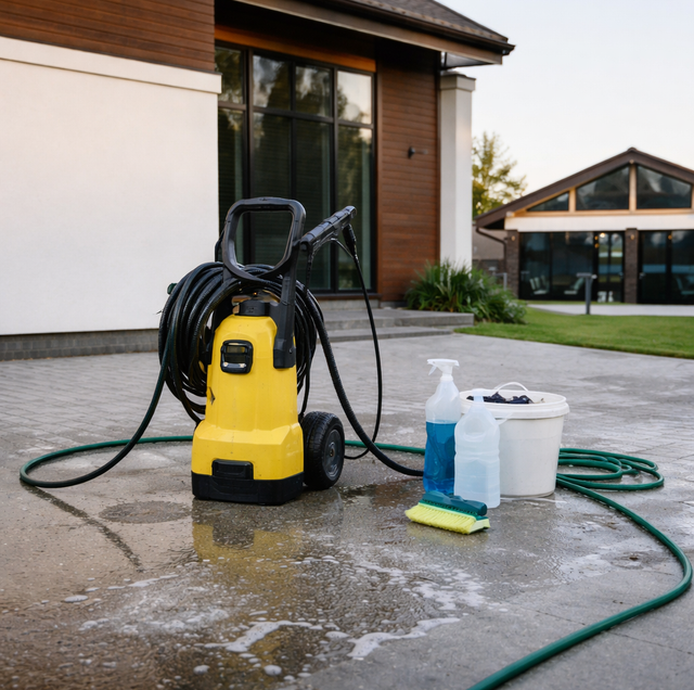 pressure washer cleaning dark oil stain from concrete driveway