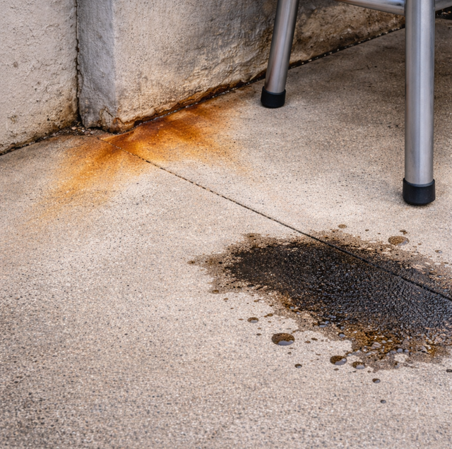 oil-stained concrete driveway beside rusted metal furniture leg