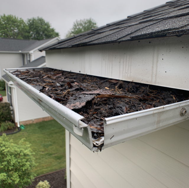 accumulated leaves and debris overflowing a rain gutter