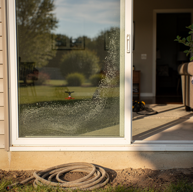 A glass door with a shattered pattern opens to a backyard with trees and grass, with a coiled hose on the ground below.