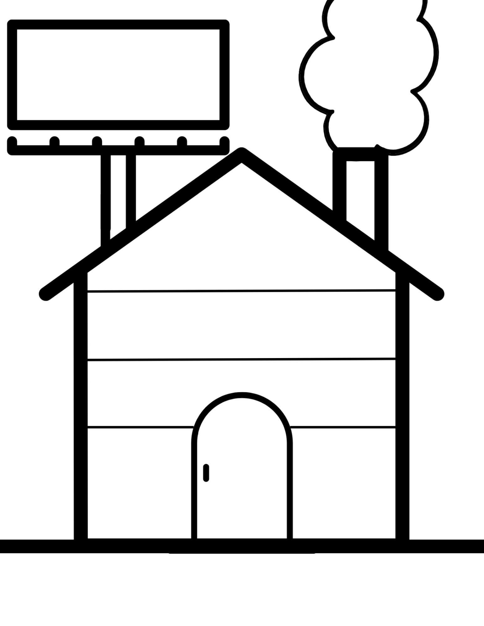 Outline drawing of a house with a chimney emitting smoke, a balcony with a railing, a large window, and a front door.