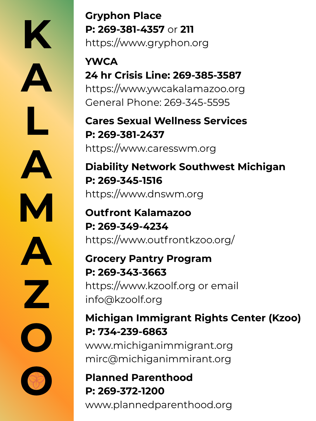 A vertical banner with a gradient background from green to yellow, displaying black letters spelling 'KALAMAZOO' next to a list of community resources and their contact information, including websites and phone numbers.