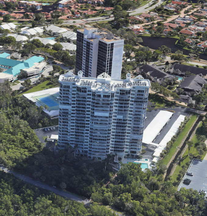 Aerial view of a high-rise residential building, Pelican Bay, Naples FL.