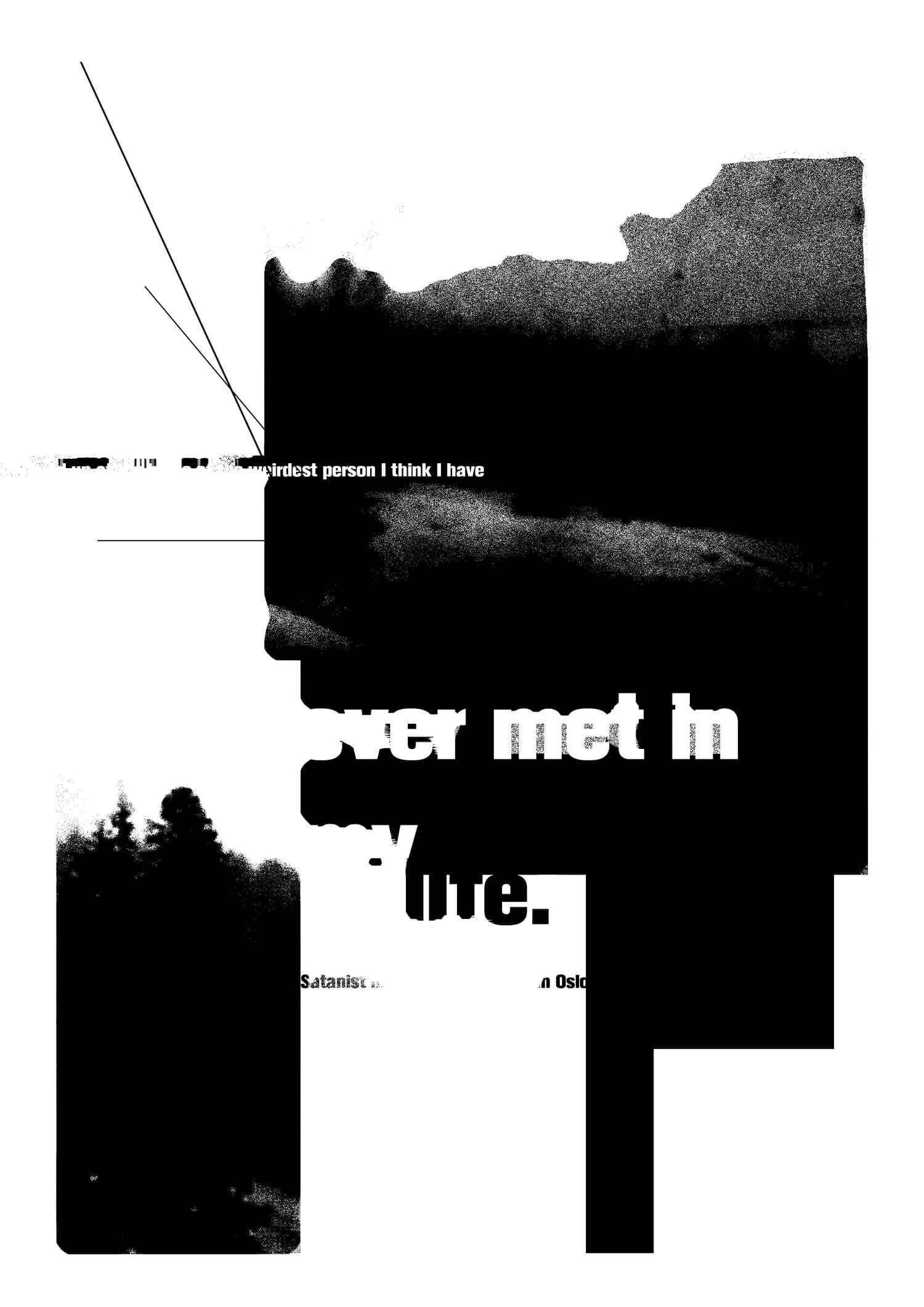 Digital artwork. Black and white shapes made of pixelated textures.