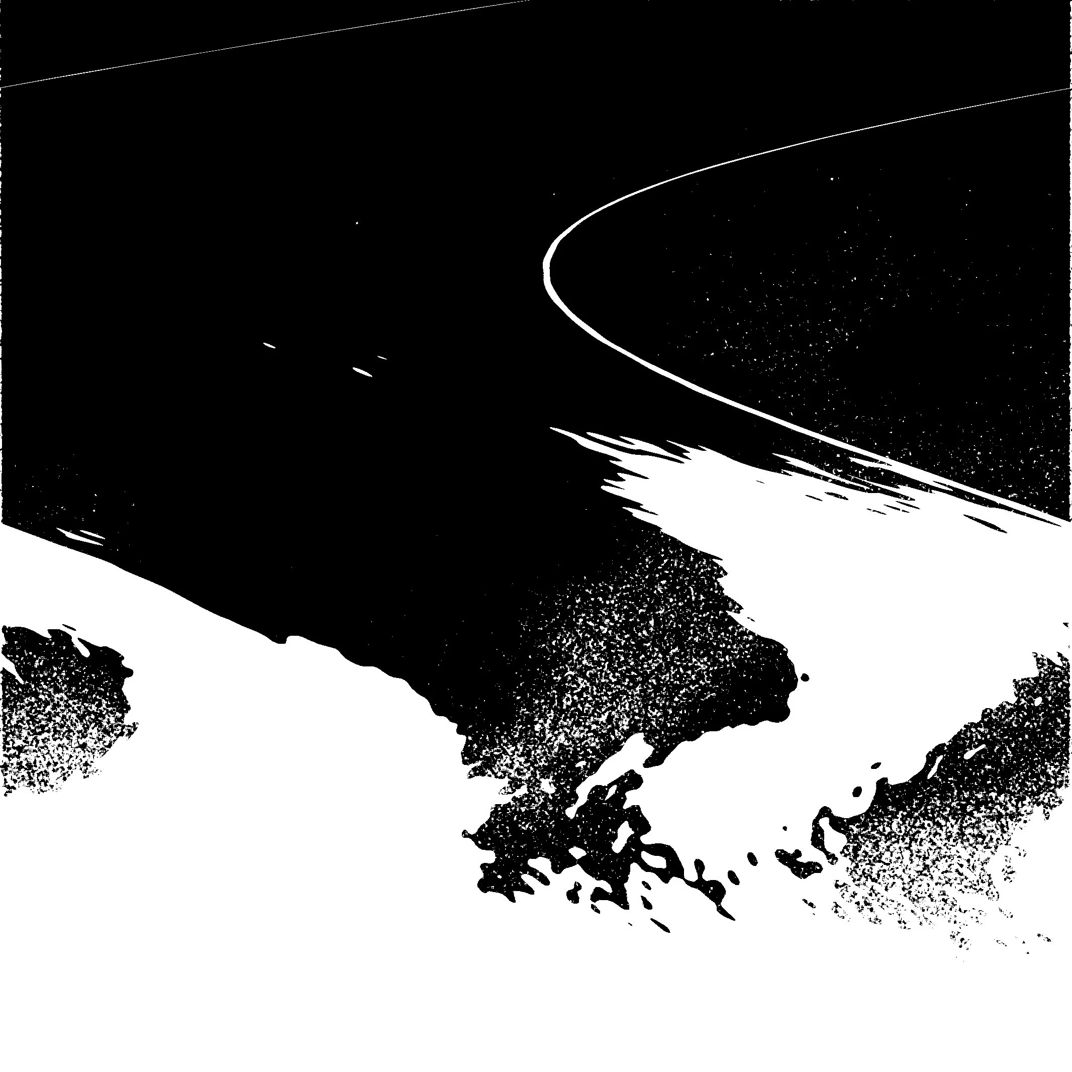 Digital artwork. Black and white shapes made of pixelated textures.