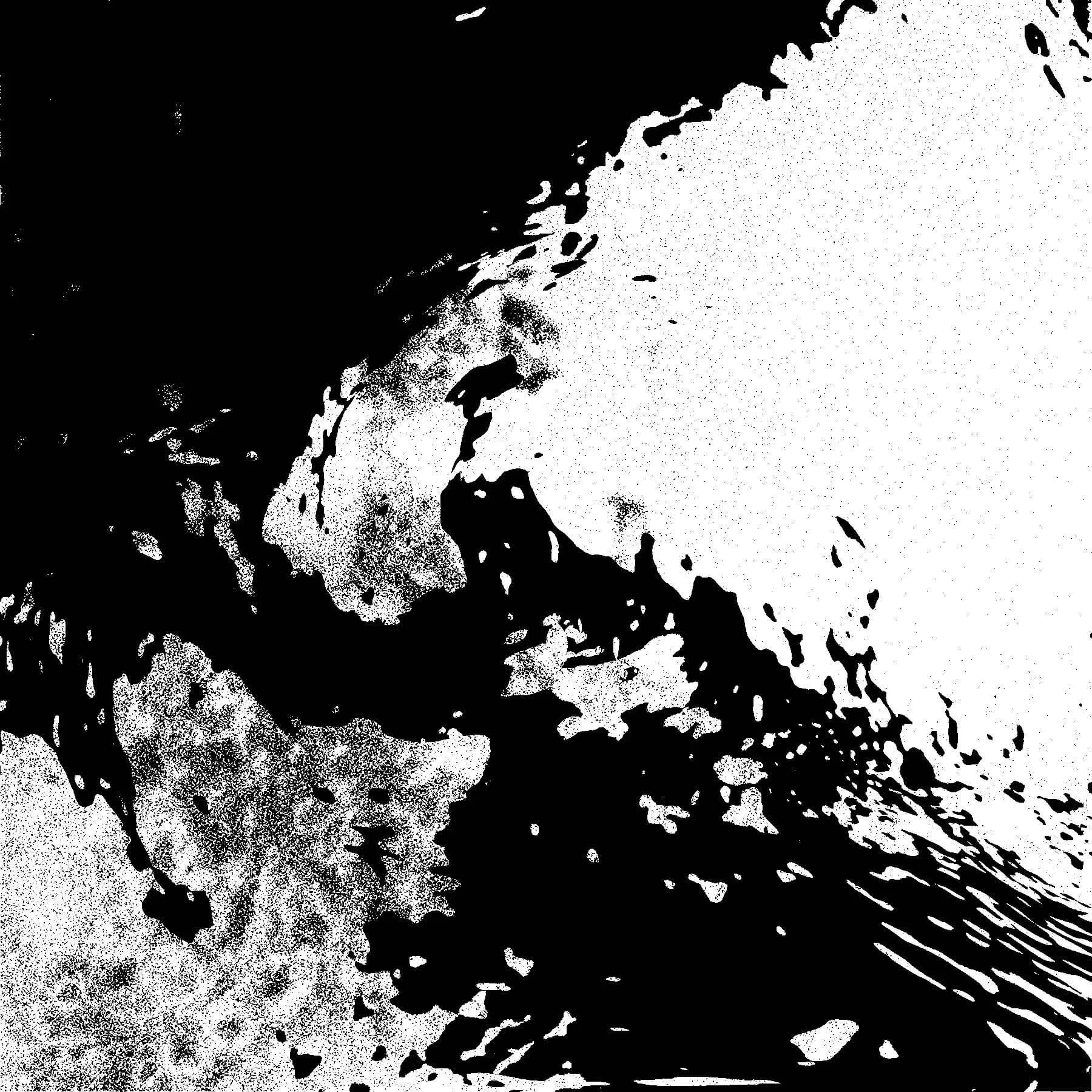 Digital artwork. Black and white shapes made of pixelated textures.
