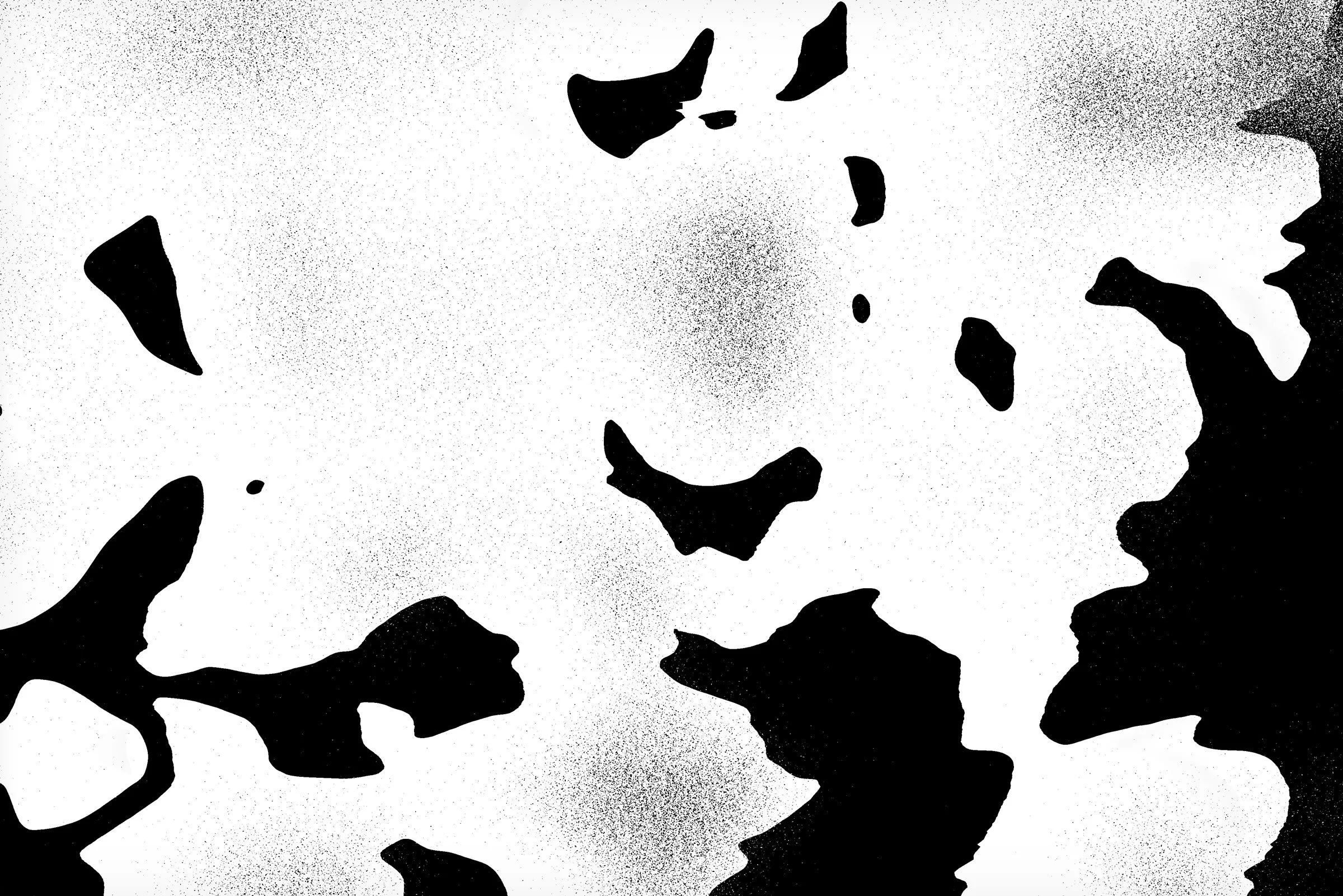 Digital artwork. Black and white shapes made of pixelated textures.