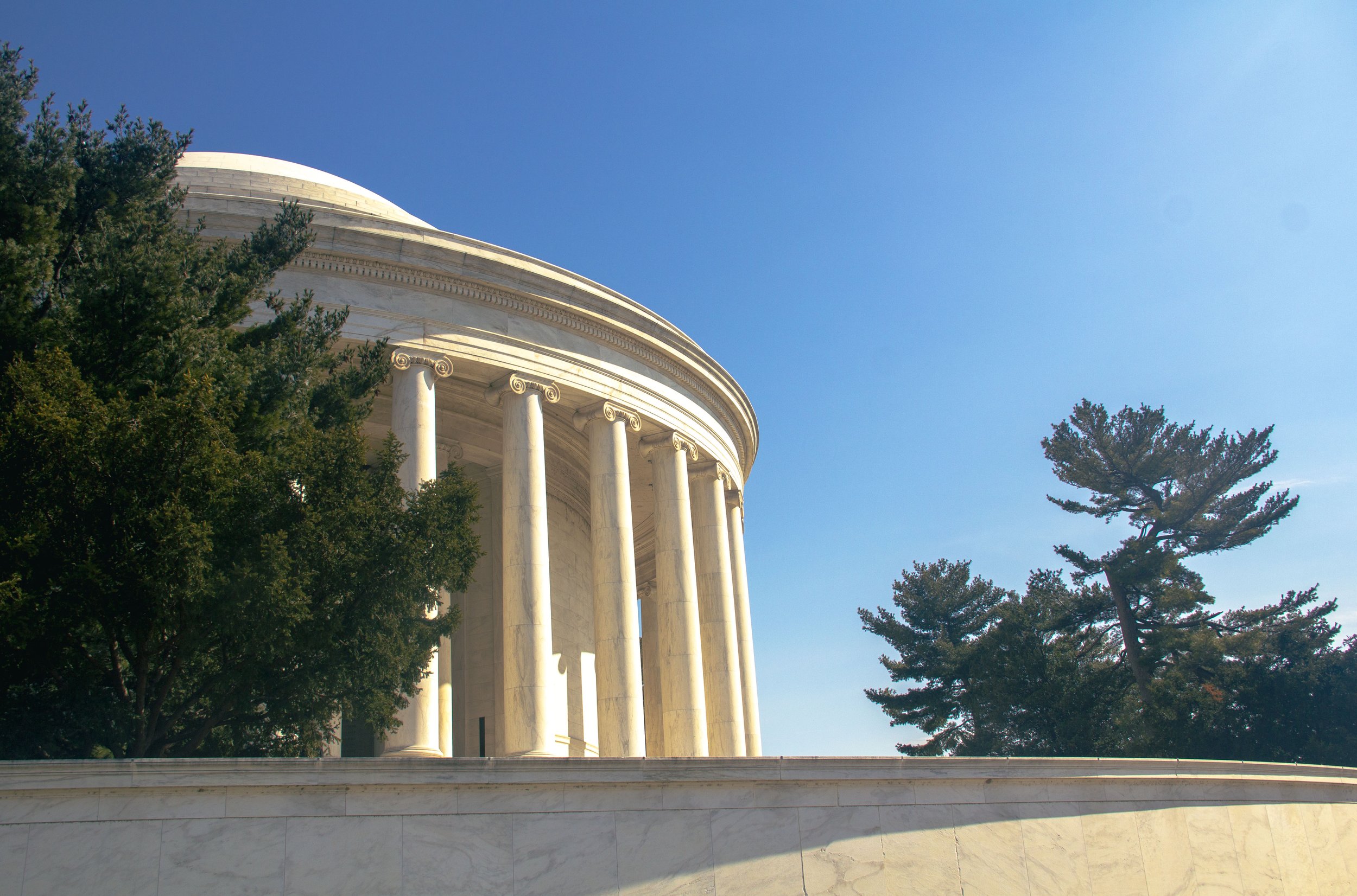 The U.S. Capitol building with white marble columns partially obscured by trees and a clear blue sky.