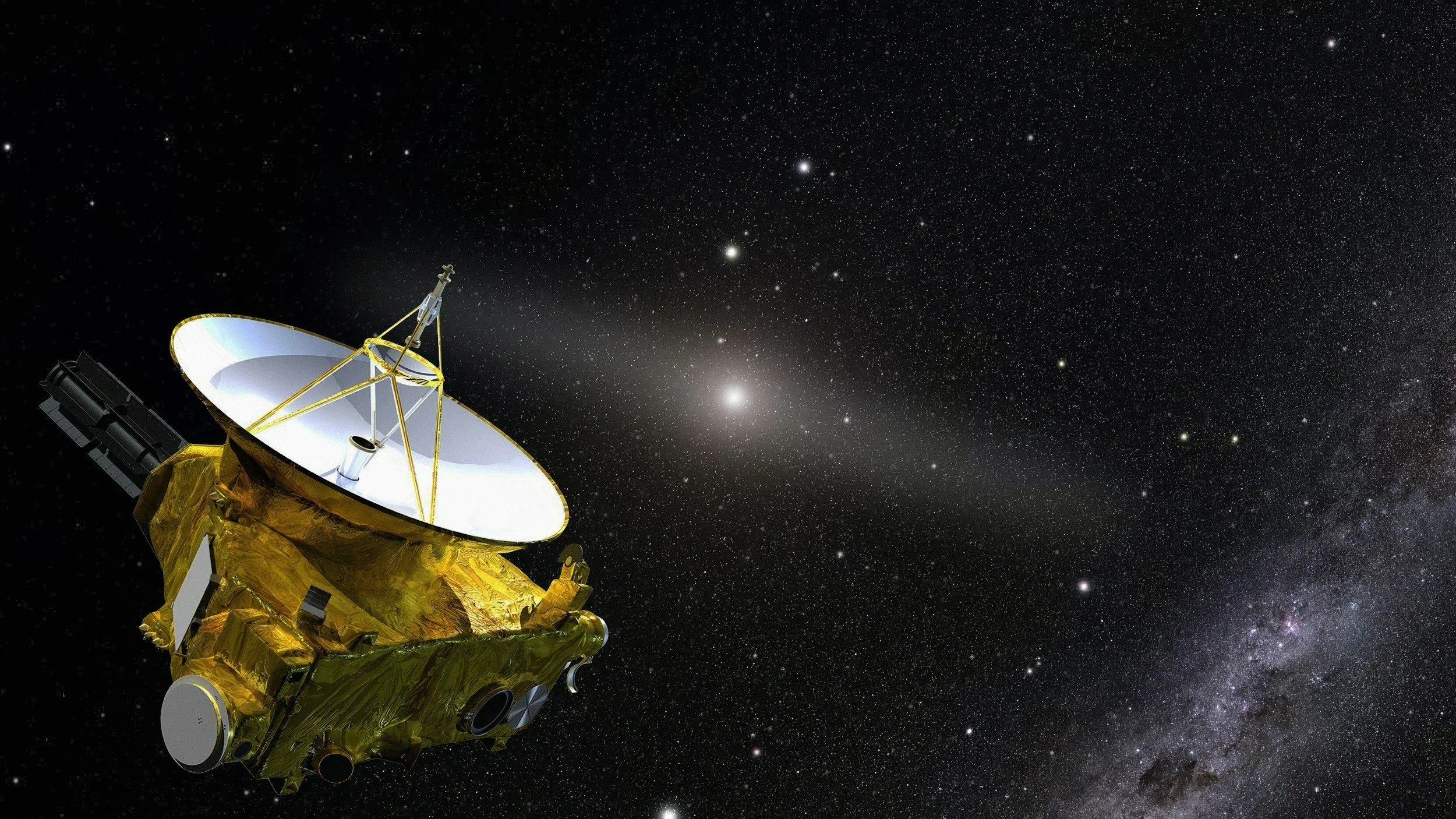 A spacecraft with a large dish antenna and gold-colored exterior floating in space against a starry background. Mission Assurance is essential for the successful development, test, and launch of critical space systems.