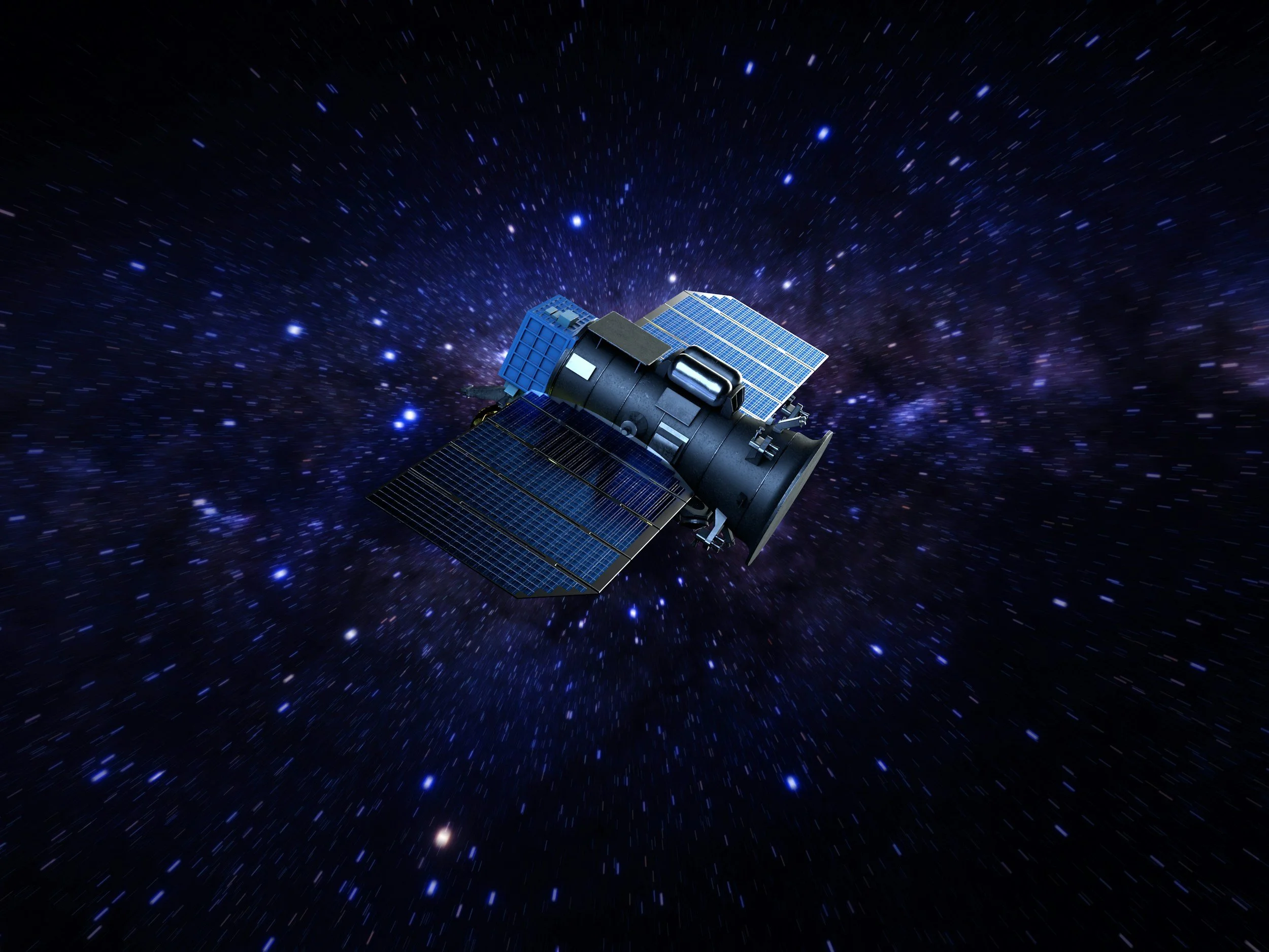 A satellite in space with solar panels, traveling through a star-filled galaxy with long streaks of stars indicating movement.