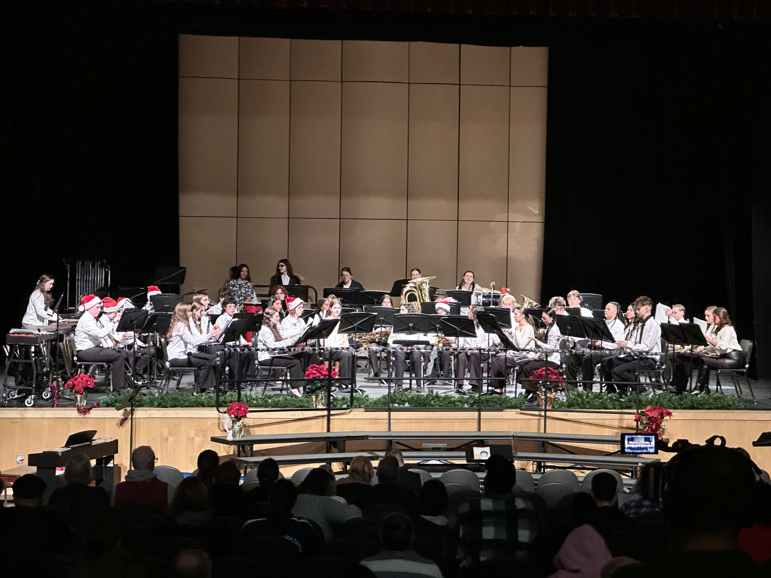 A large group of people performing in an orchestra on stage, decorated with Christmas ornaments, including some wearing Santa hats. The stage has a beige backdrop, and an audience is seated in front.