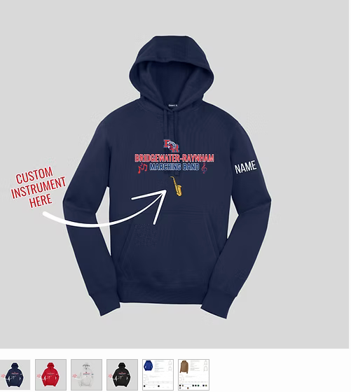 Navy blue hooded sweatshirt with a microphone graphic, customizable instrument text, and space for a name on the sleeve, promoting a marching band.