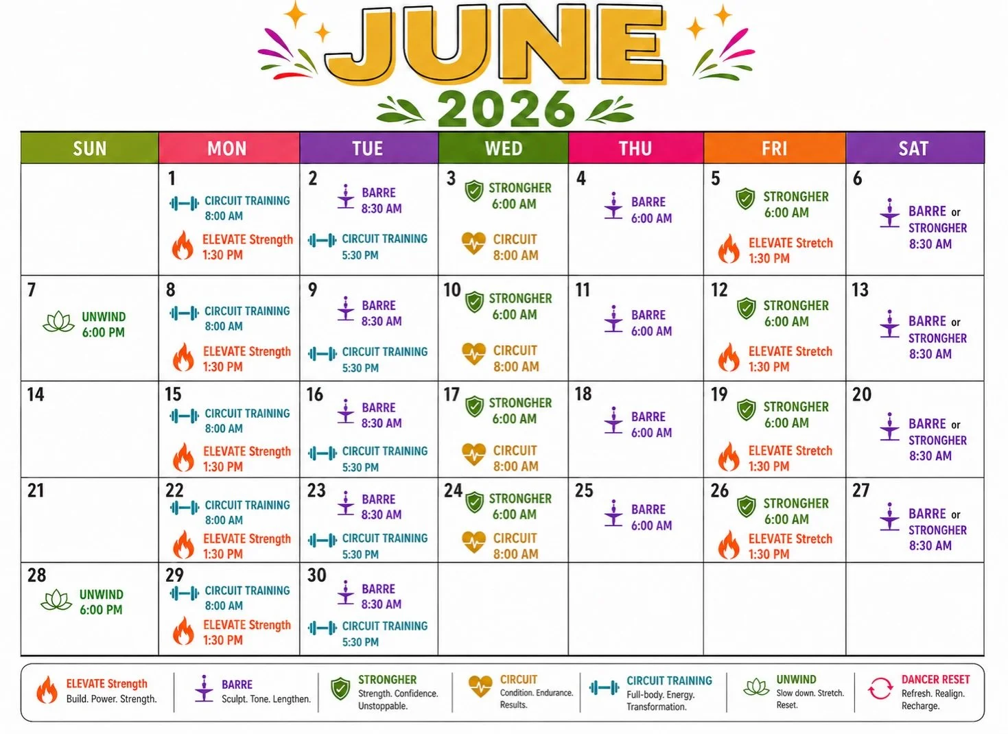 June Calendar! 💪🏼 More classes! More fun!✨✨#bodybyjo #june #hellosummer