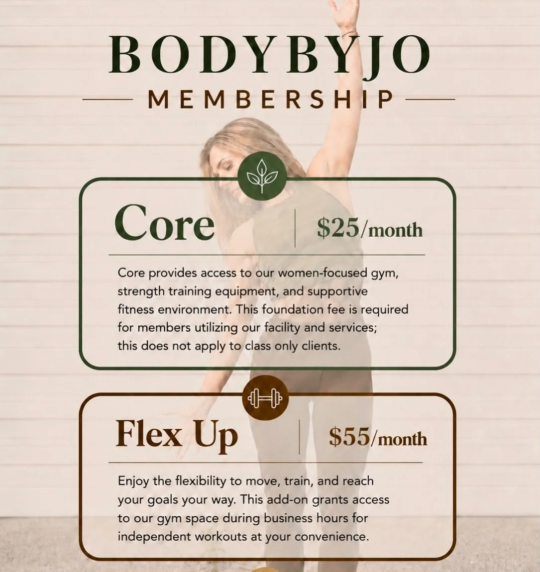 **Introducing Our Core Membership | Effective July 1st
The Core Membership is your key to the BodyByJo experience and is required for all members utilizing our gym and training facilities. *This is NOT for Class Members or Open Gym (only) Clientele. 