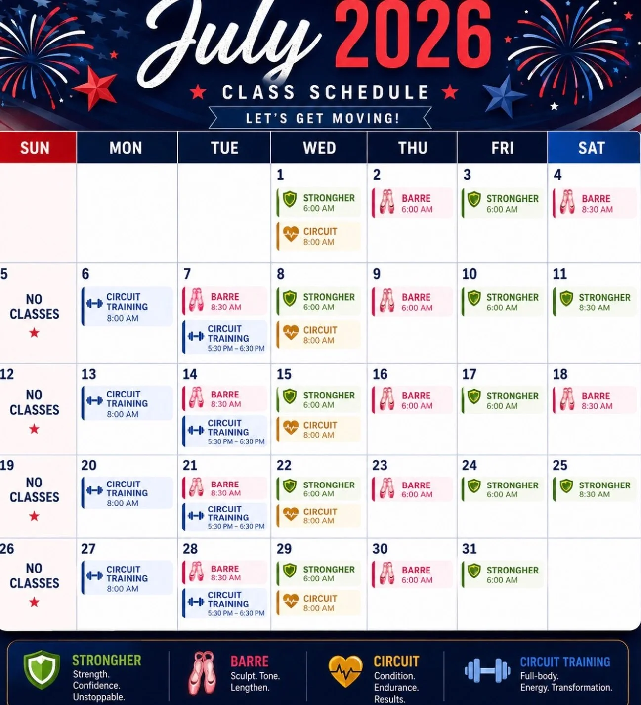 ❤️🤍💙JULY SCHEDULE
Come enjoy one of our uniquely created classes! Built by WOMEN for WOMEN! BodyByJo has amazing instructors; each with the same desire to lift you up, encourage you when it&rsquo;s tough, make sure you are safe and taken care of, a